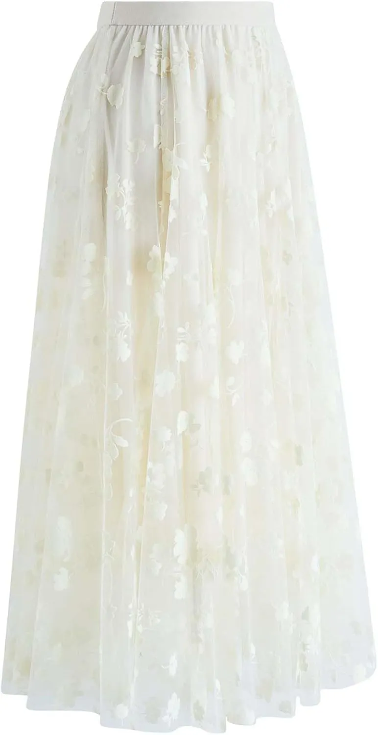 CHICWISH Women's 3D Posy Double-Layered Mesh Midi Skirt