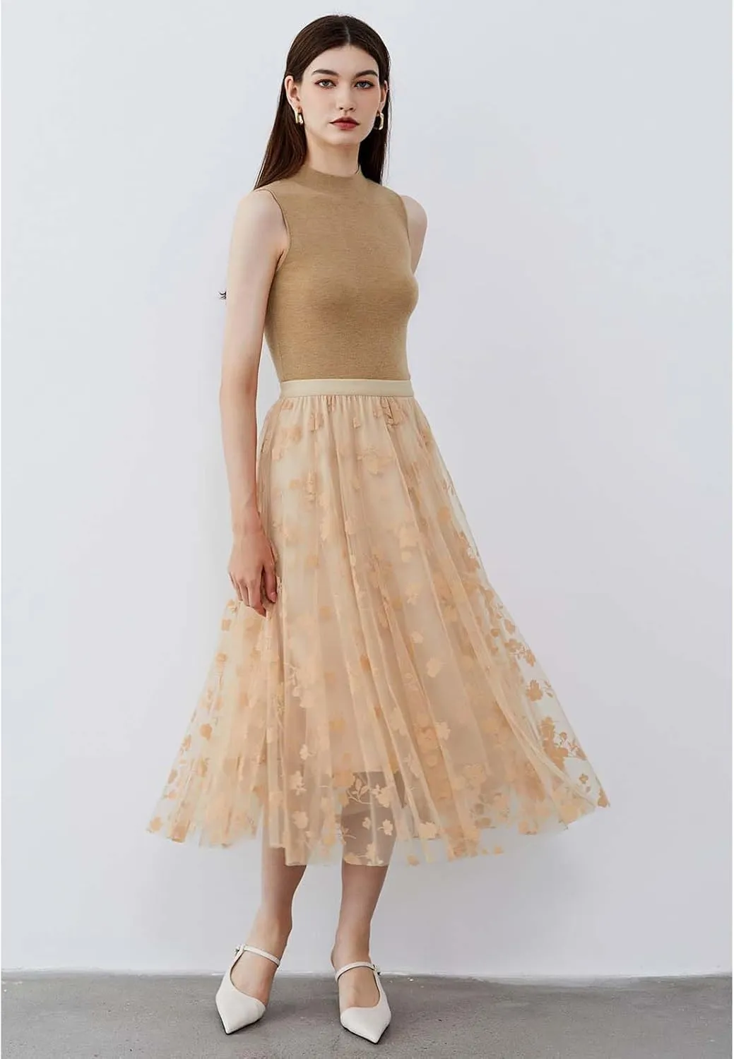 CHICWISH Women's 3D Posy Double-Layered Mesh Midi Skirt