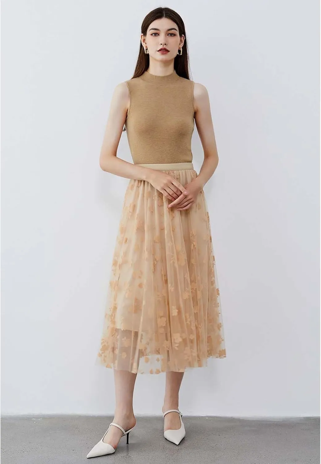 CHICWISH Women's 3D Posy Double-Layered Mesh Midi Skirt