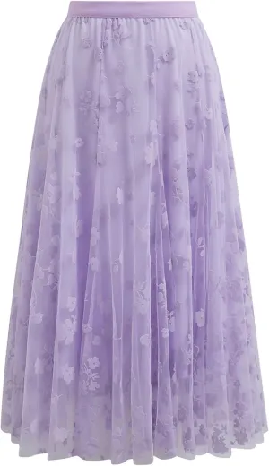 CHICWISH Women's 3D Posy Double-Layered Mesh Midi Skirt