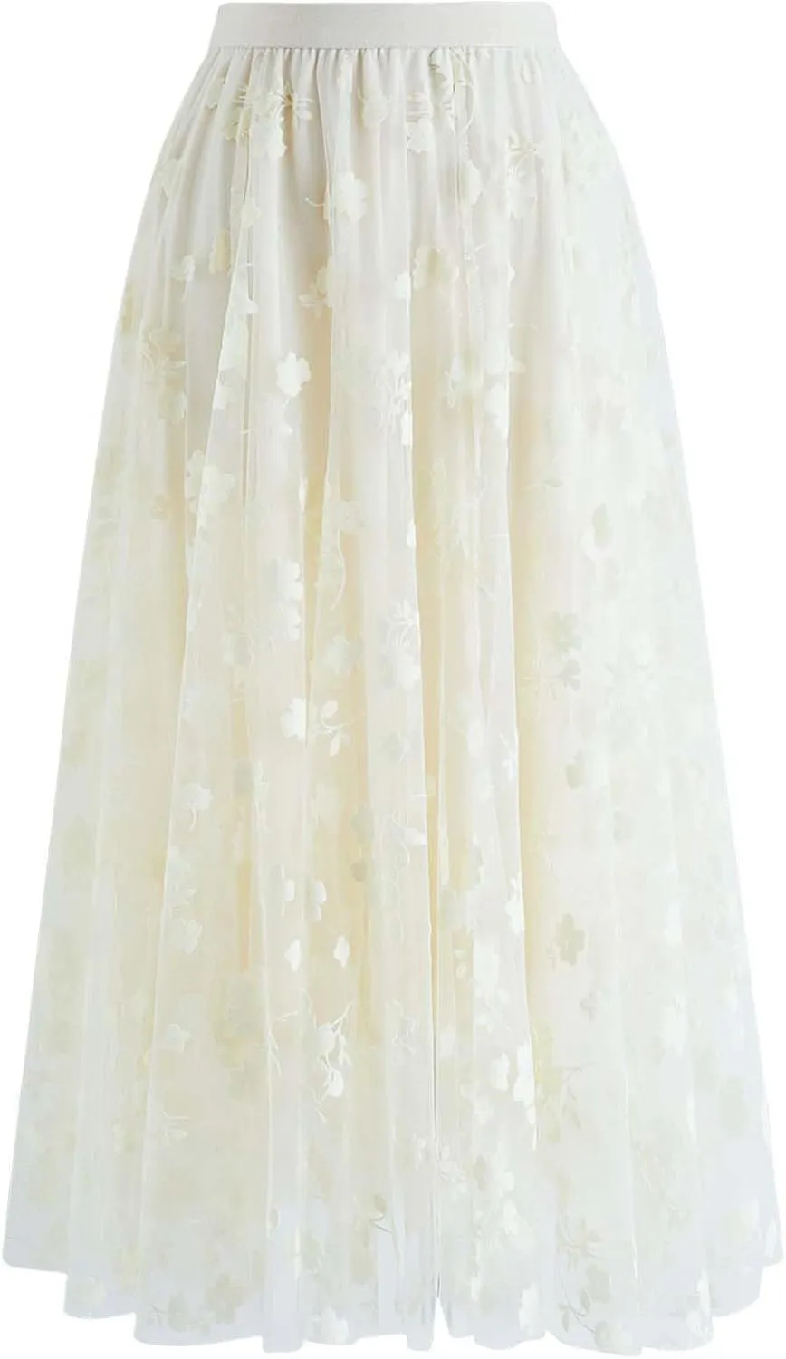 CHICWISH Women's 3D Posy Double-Layered Mesh Midi Skirt