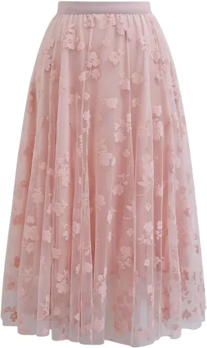 CHICWISH Women's 3D Posy Double-Layered Mesh Midi Skirt