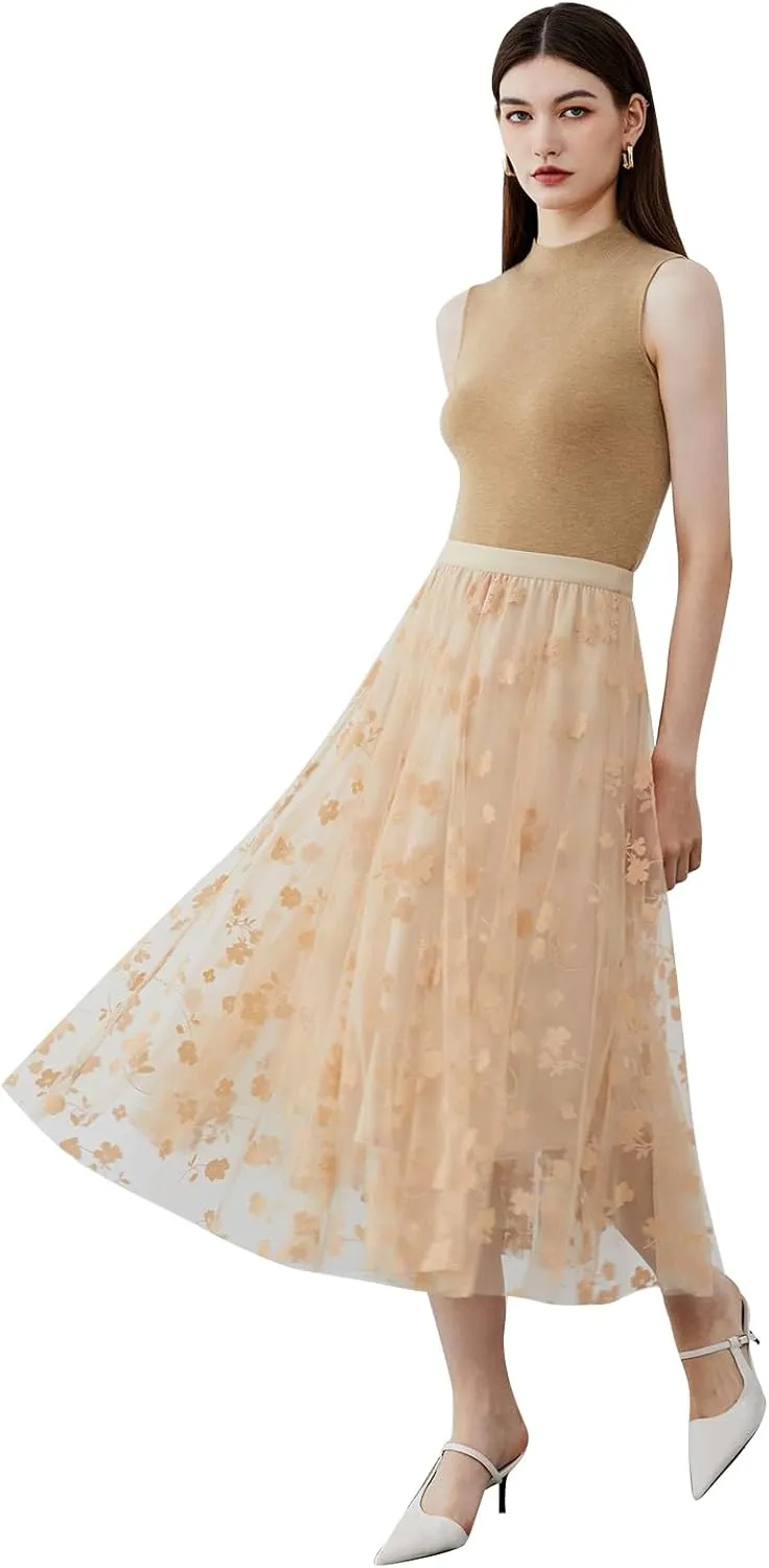 CHICWISH Women's 3D Posy Double-Layered Mesh Midi Skirt