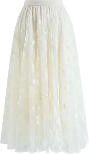 CHICWISH Women's 3D Posy Double-Layered Mesh Midi Skirt