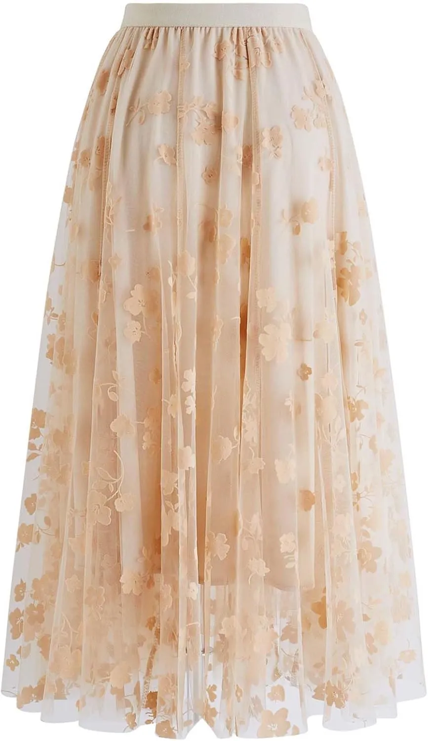 CHICWISH Women's 3D Posy Double-Layered Mesh Midi Skirt