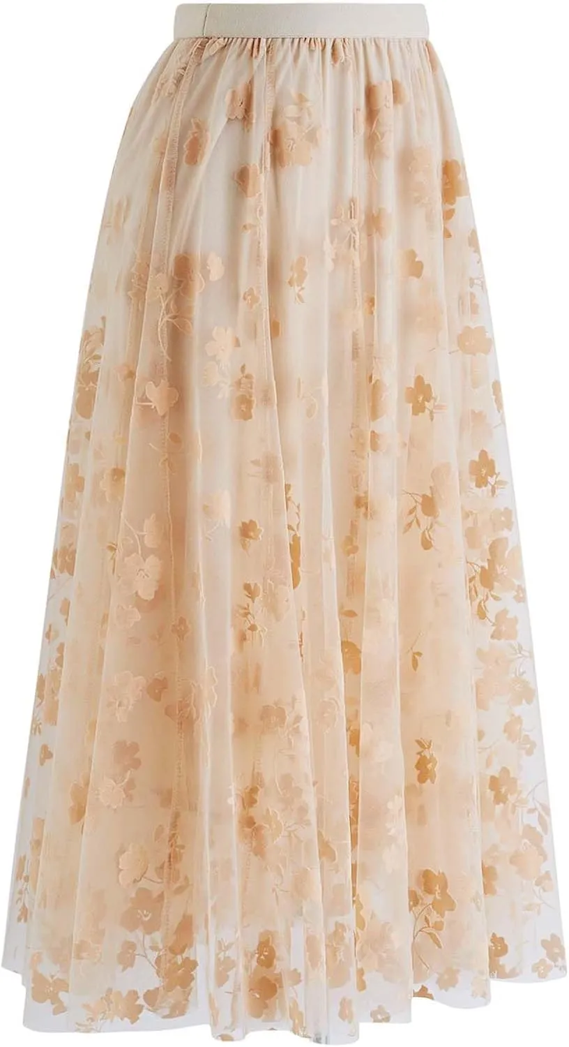 CHICWISH Women's 3D Posy Double-Layered Mesh Midi Skirt