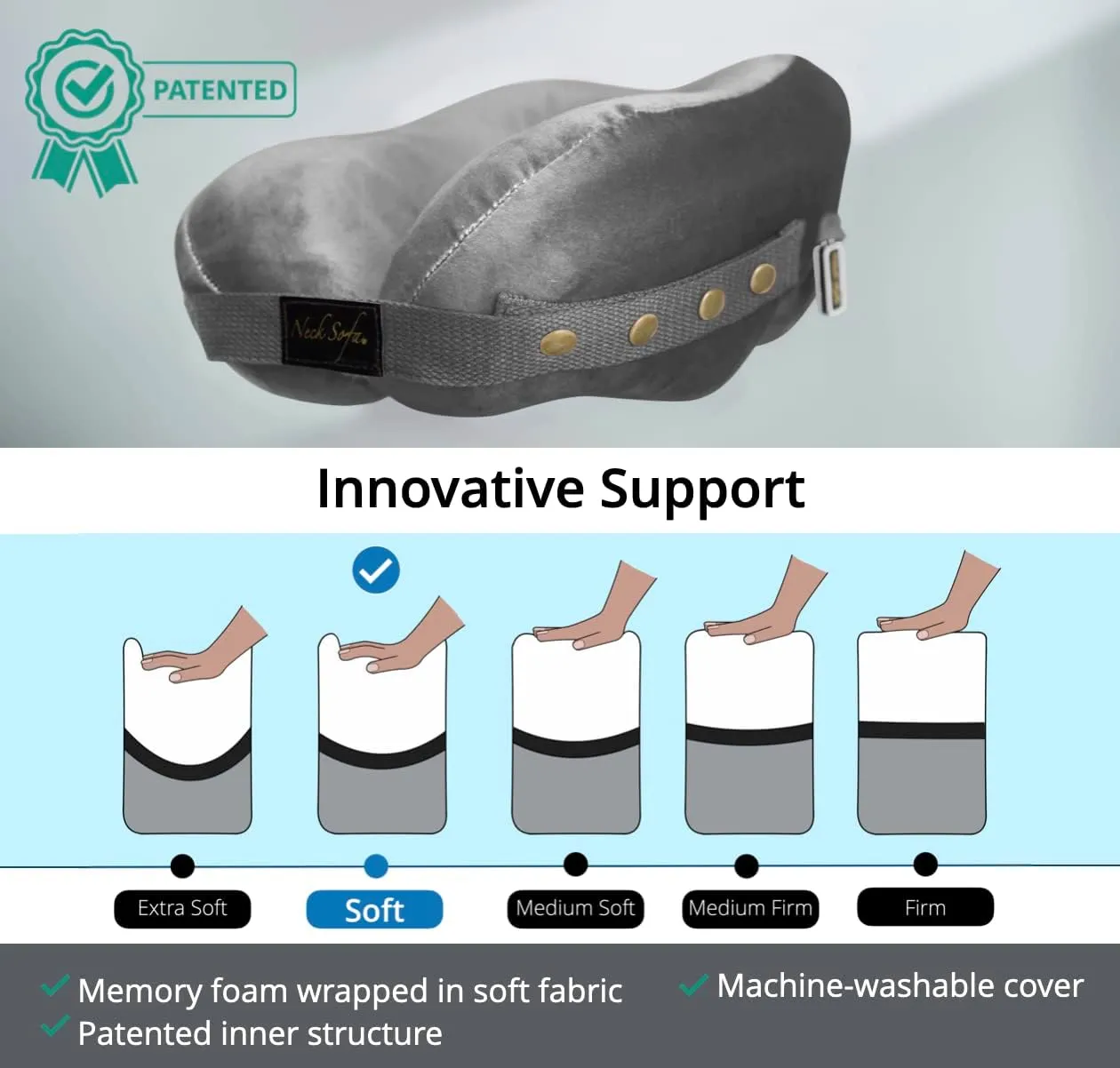 Chiropractic Neck Support Pillow, Cervical Collar for Neck Pain, Lower Back Lumbar Support, Memory Foam Travel Pillow, Grey