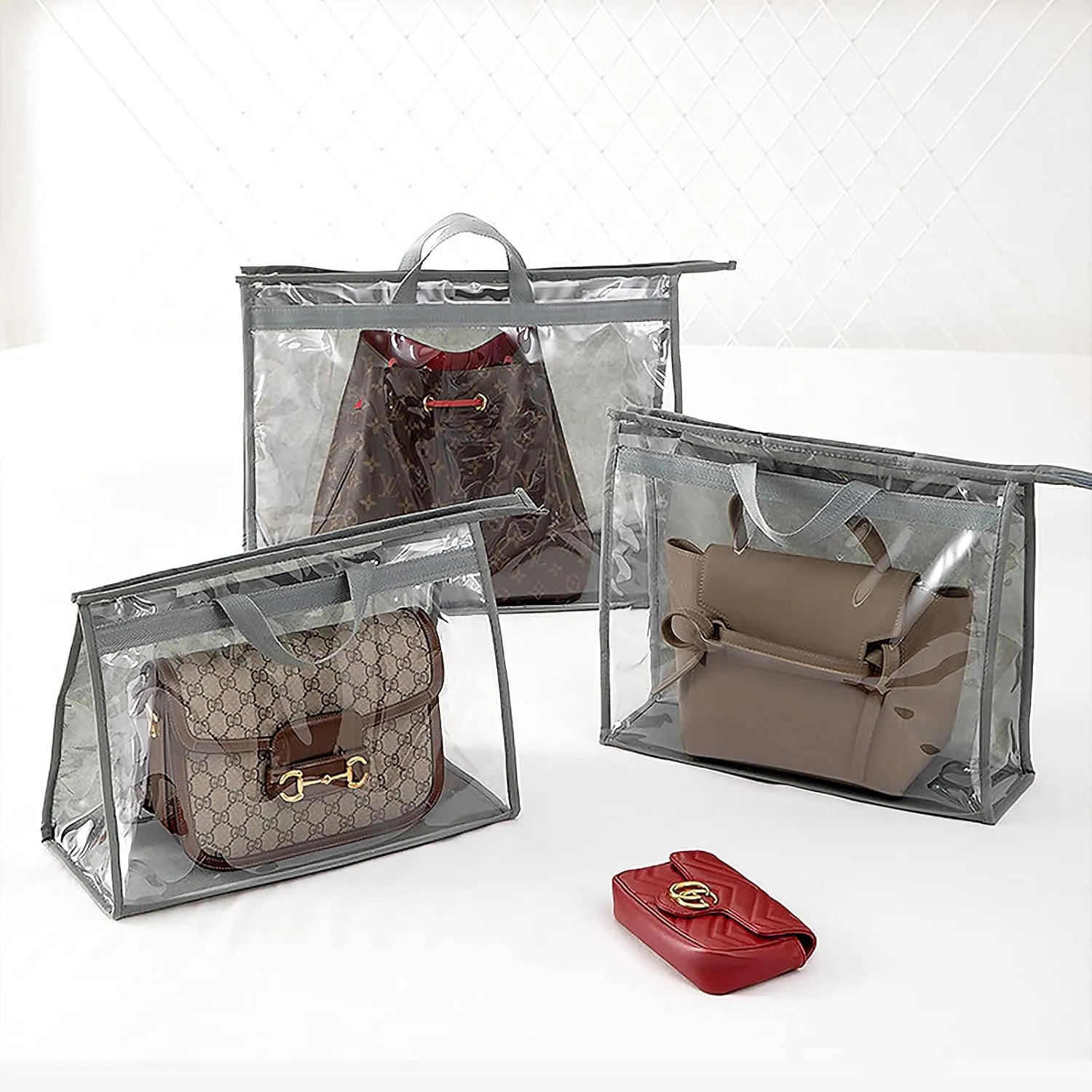 CINPIUK Handbag Dust Bags Clear Purse Storage Organizer for Closet Small to Extra Large Handbags Dust Free Bags Hanging Zipper Storage Bag with Hooks, ( Grey, 4 Sizes-8PCS)