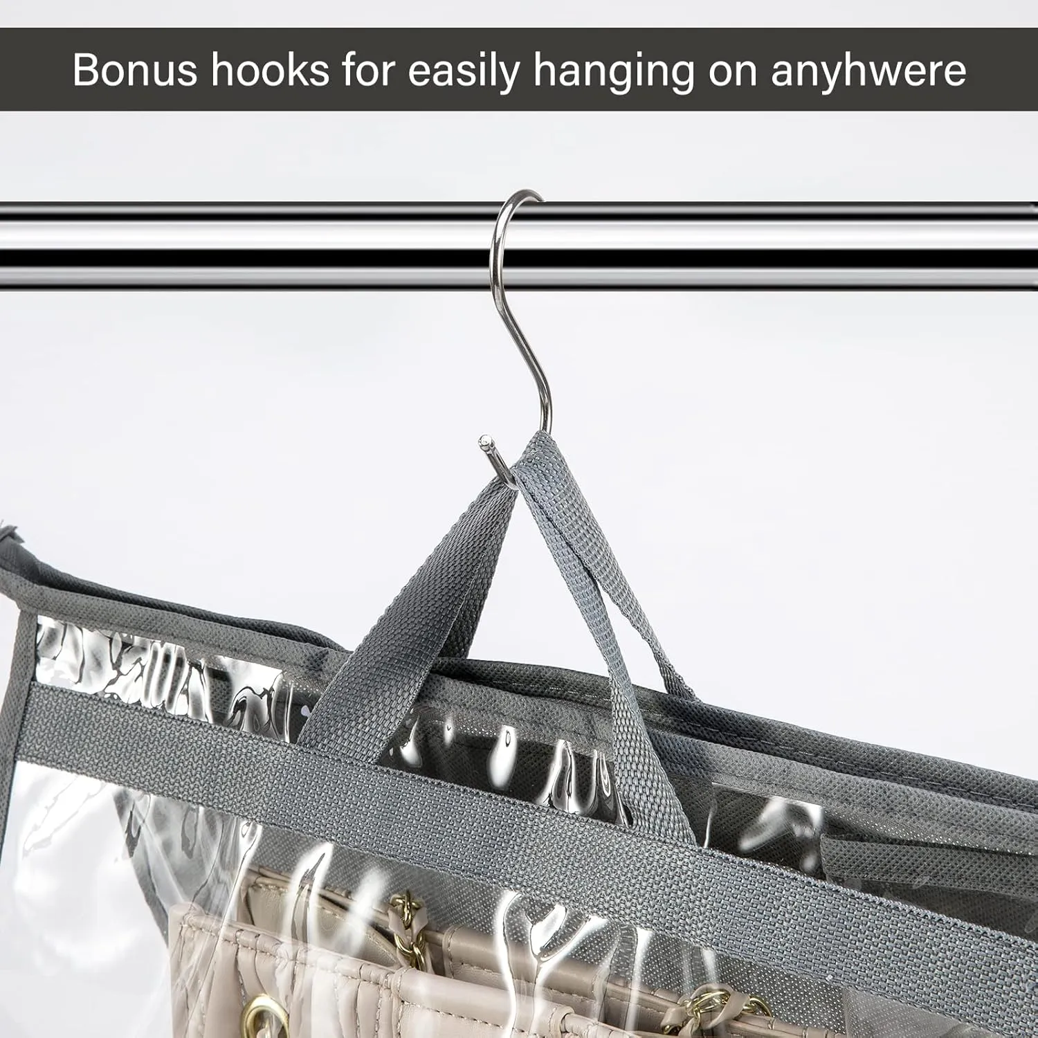 CINPIUK Handbag Dust Bags Clear Purse Storage Organizer for Closet Small to Extra Large Handbags Dust Free Bags Hanging Zipper Storage Bag with Hooks, ( Grey, 4 Sizes-8PCS)