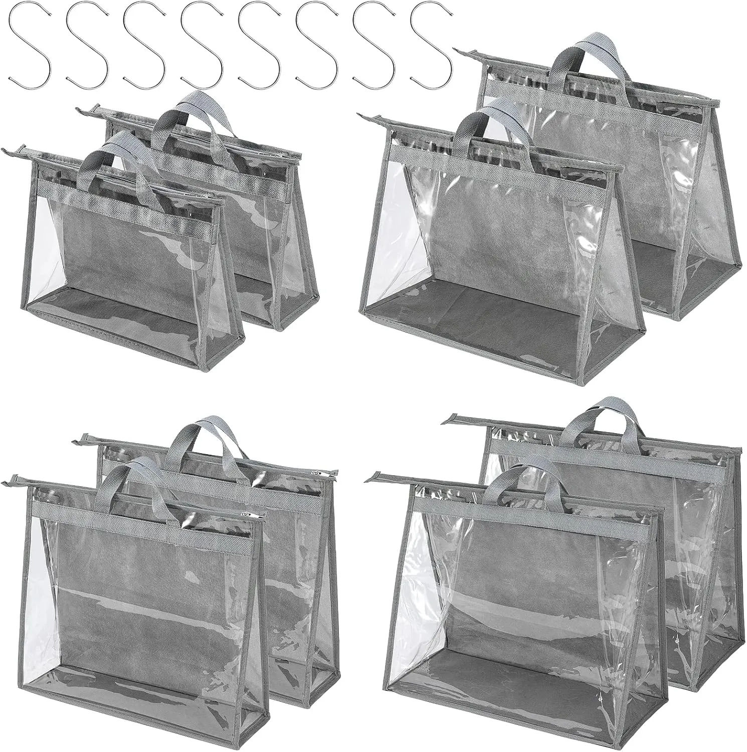 CINPIUK Handbag Dust Bags Clear Purse Storage Organizer for Closet Small to Extra Large Handbags Dust Free Bags Hanging Zipper Storage Bag with Hooks, ( Grey, 4 Sizes-8PCS)
