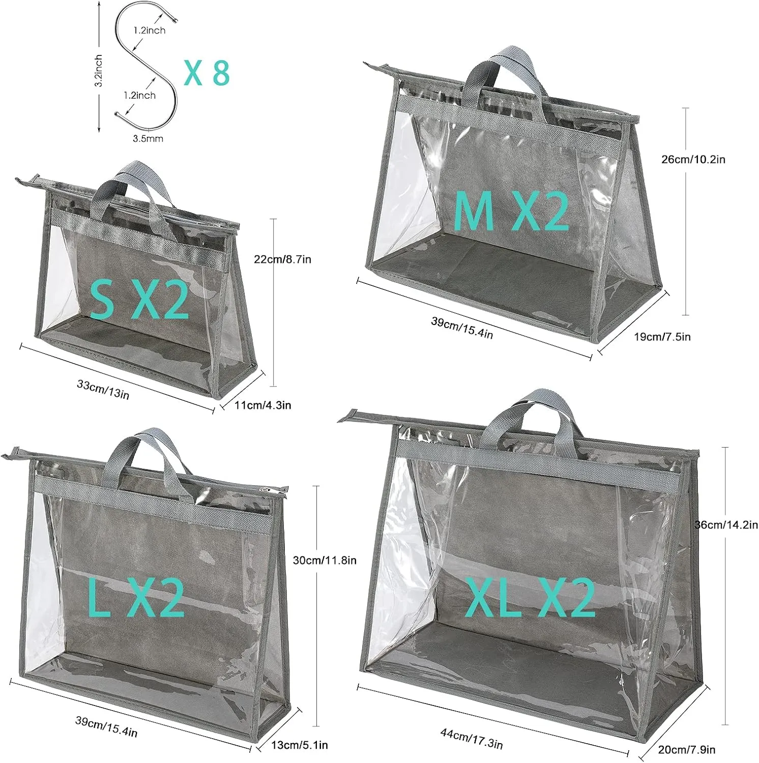 CINPIUK Handbag Dust Bags Clear Purse Storage Organizer for Closet Small to Extra Large Handbags Dust Free Bags Hanging Zipper Storage Bag with Hooks, ( Grey, 4 Sizes-8PCS)