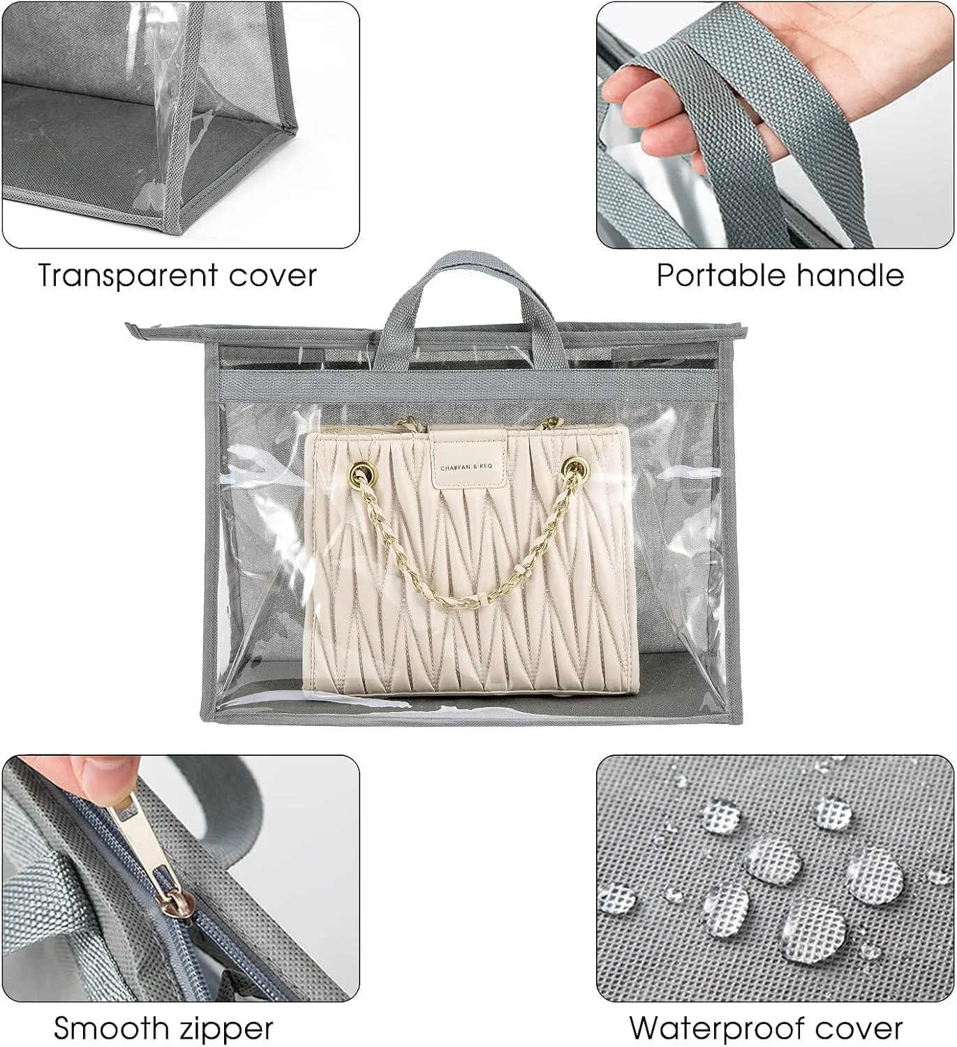 CINPIUK Handbag Dust Bags Clear Purse Storage Organizer for Closet Small to Extra Large Handbags Dust Free Bags Hanging Zipper Storage Bag with Hooks, ( Grey, 4 Sizes-8PCS)
