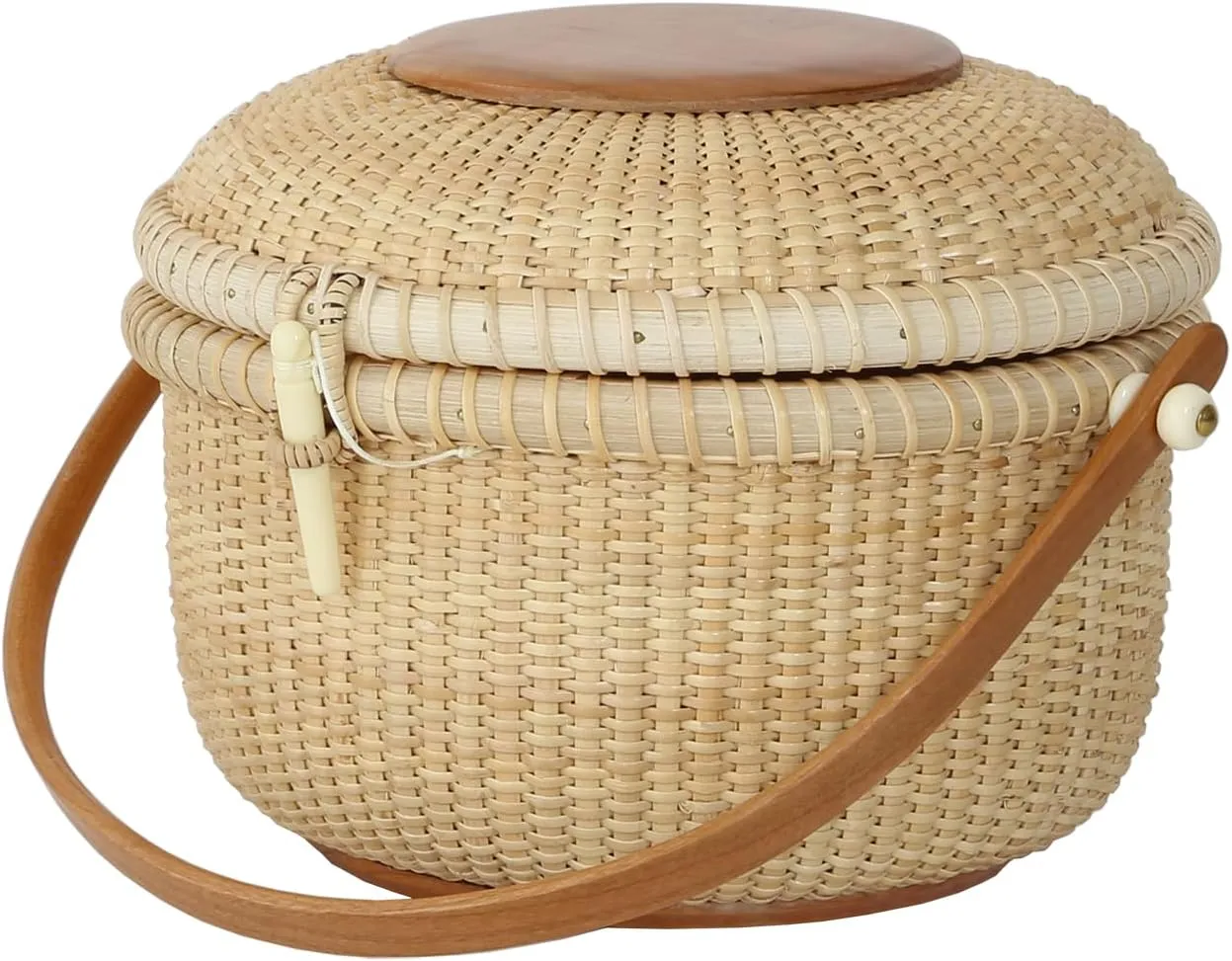 Circular Nantucket Evening Bag handbag Covered Baskets Are Handy Hardwood Swing handles Cane-on-cane weave