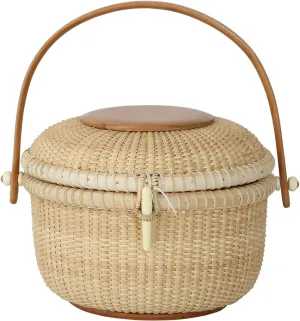 Circular Nantucket Evening Bag handbag Covered Baskets Are Handy Hardwood Swing handles Cane-on-cane weave