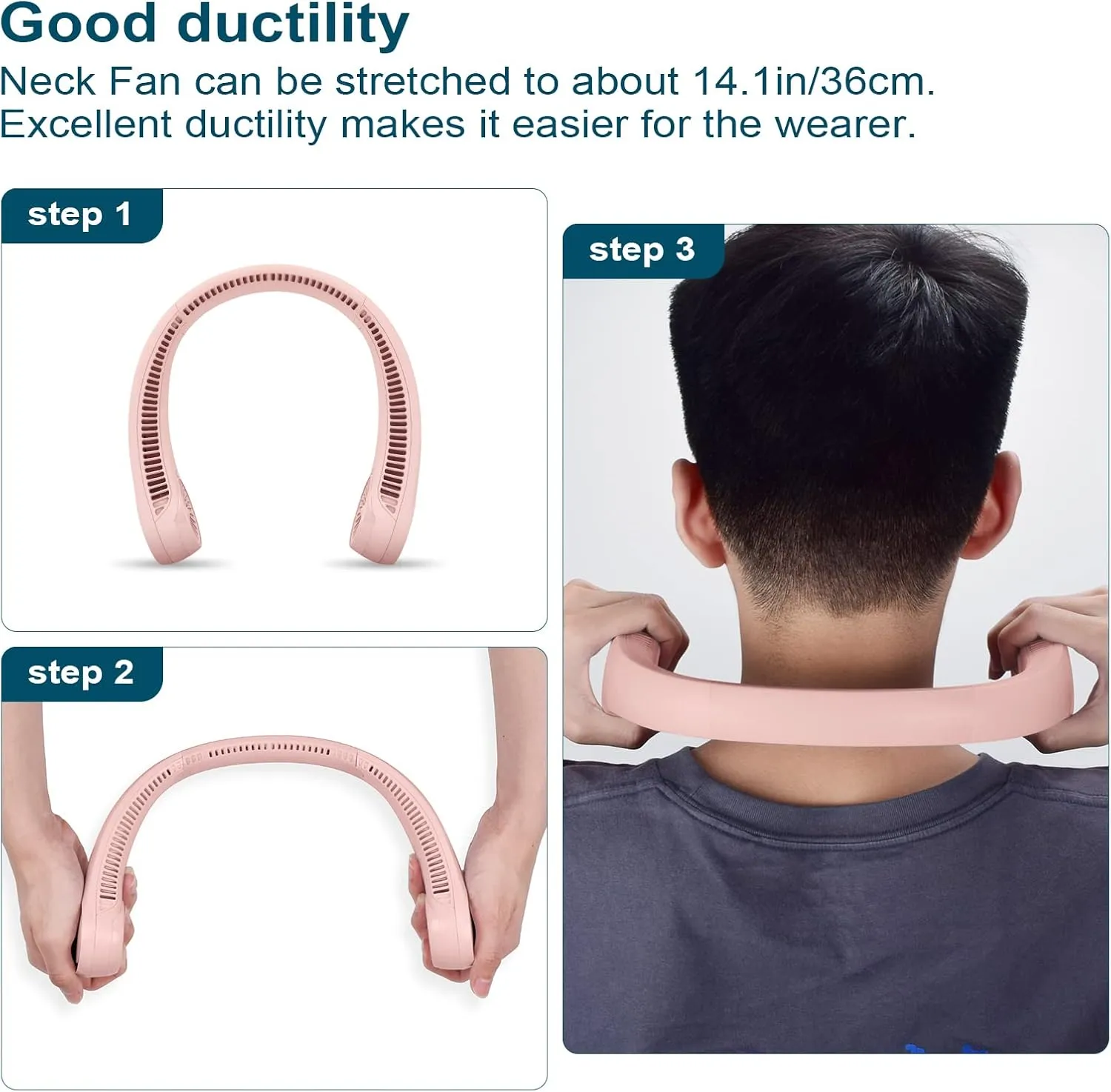 CIVPOWER Neck Fan: Portable Personal Neck Cooling Rechargeable Bladeless Fan - Hands Free 3 Speed 4000 mAh Battery USB Operated Wearable Headphone Design - for Men Women Outdoor Indoor (Pink)