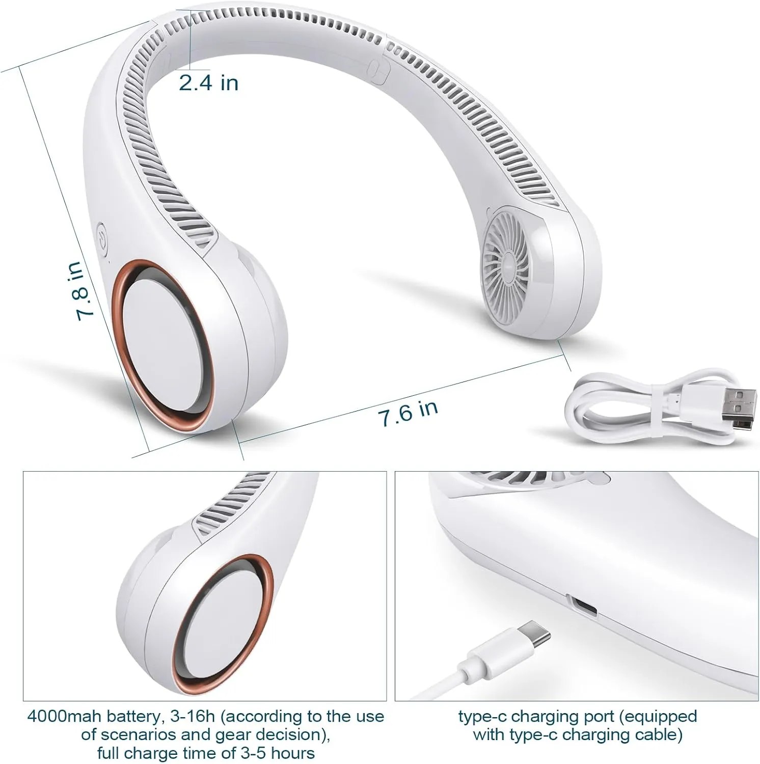 CIVPOWER Neck Fan: Portable Personal Neck Cooling Rechargeable Bladeless Fan - Hands Free 3 Speed 4000 mAh Battery USB Operated Wearable Headphone Design - for Men Women Outdoor Indoor (White)