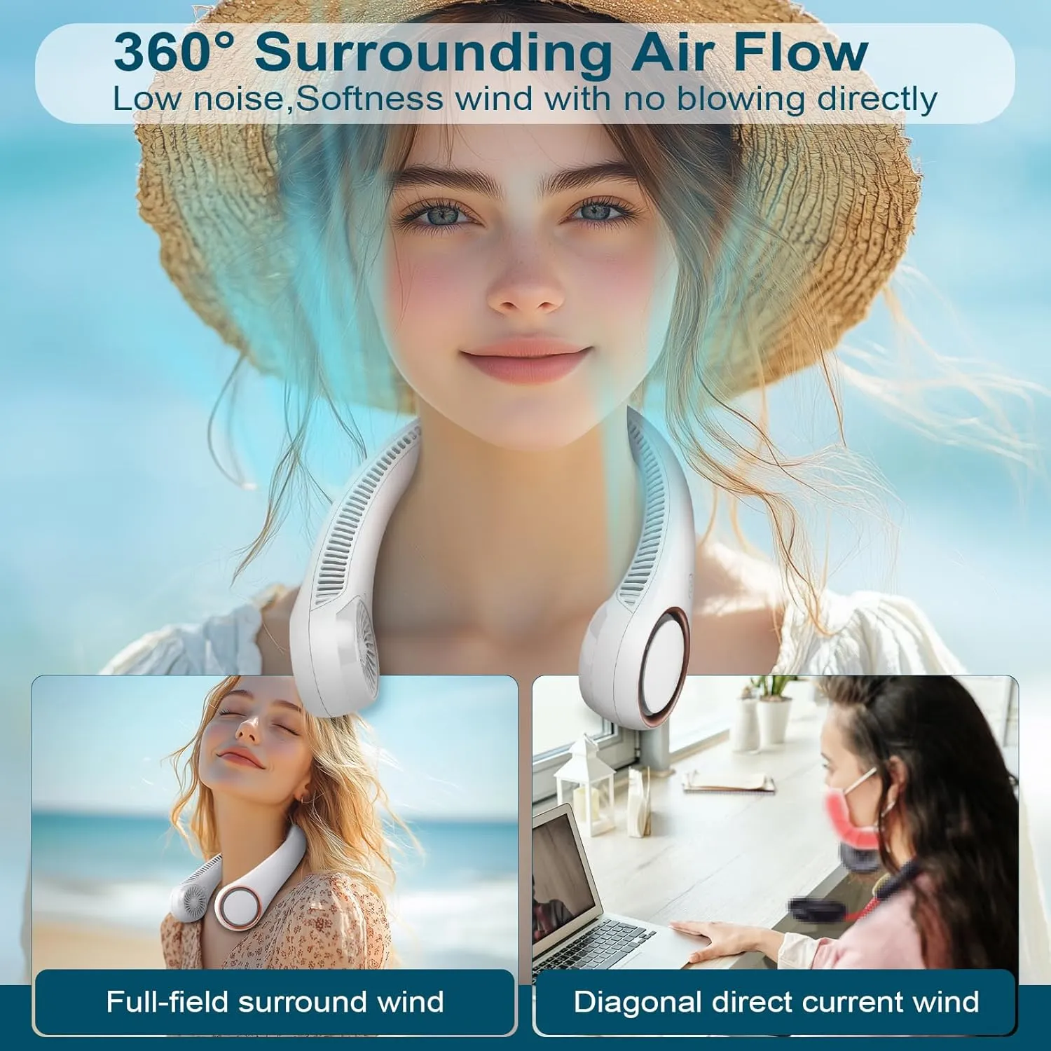 CIVPOWER Neck Fan: Portable Personal Neck Cooling Rechargeable Bladeless Fan - Hands Free 3 Speed 4000 mAh Battery USB Operated Wearable Headphone Design - for Men Women Outdoor Indoor (White)