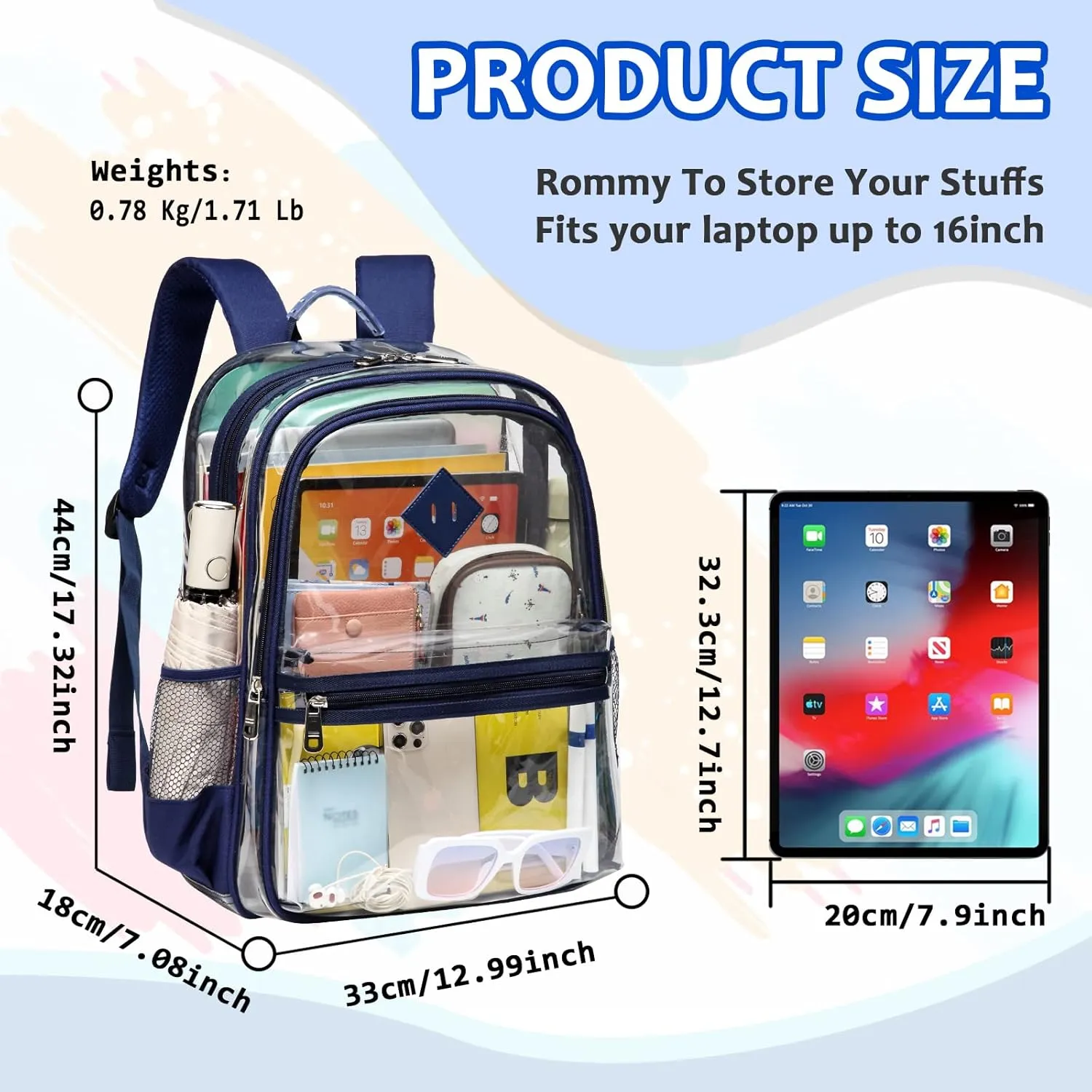 Clear Backpack for School, Thriple Compartments Heavy Duty Clear Bookbag PVC Transparent Backpack See Through Back pack for Boys Girls Women Men for Stadium Events College Work,Navy Blue
