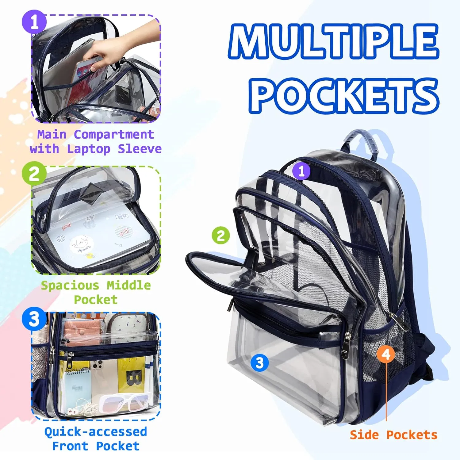 Clear Backpack for School, Thriple Compartments Heavy Duty Clear Bookbag PVC Transparent Backpack See Through Back pack for Boys Girls Women Men for Stadium Events College Work,Navy Blue