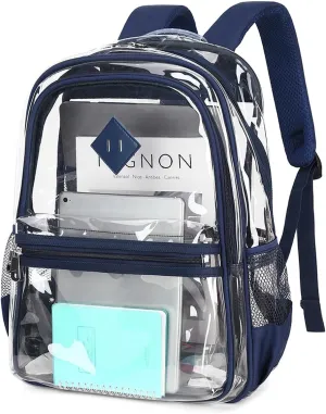 Clear Backpack for School, Thriple Compartments Heavy Duty Clear Bookbag PVC Transparent Backpack See Through Back pack for Boys Girls Women Men for Stadium Events College Work,Navy Blue