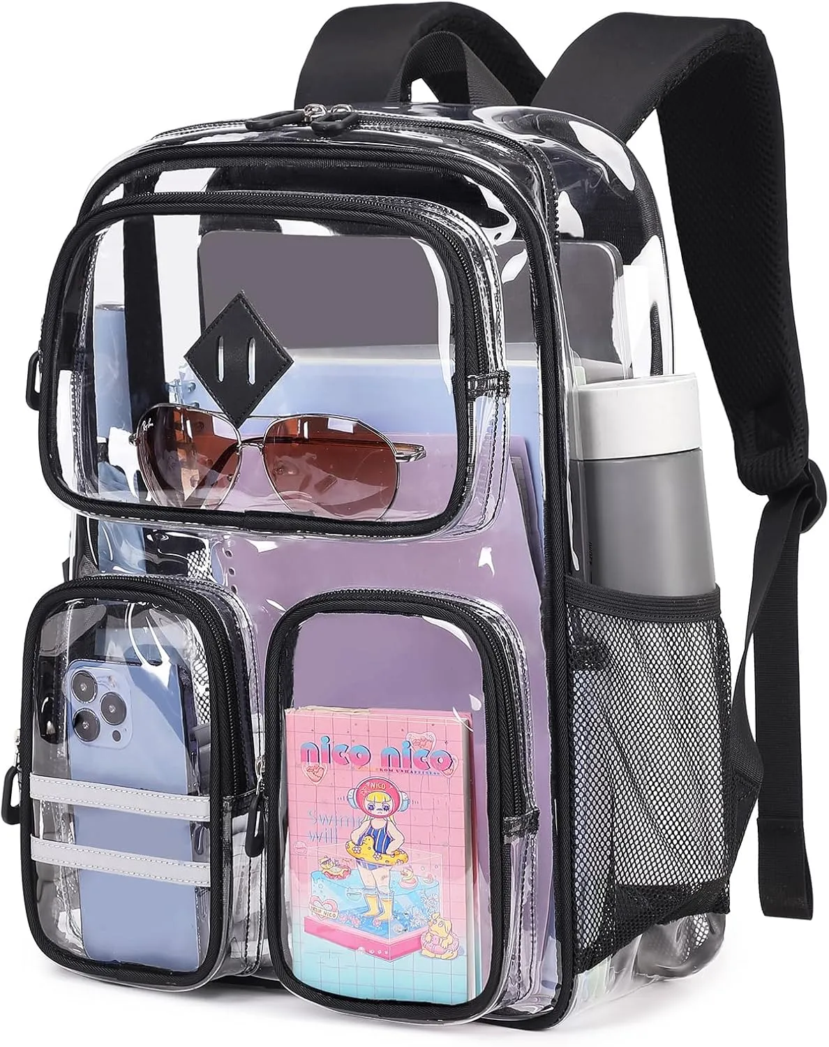 Clear Backpack Heavy Duty PVC Clear Bookbag for School Stadium Events Transparent Back Pack Girls Boys, Black