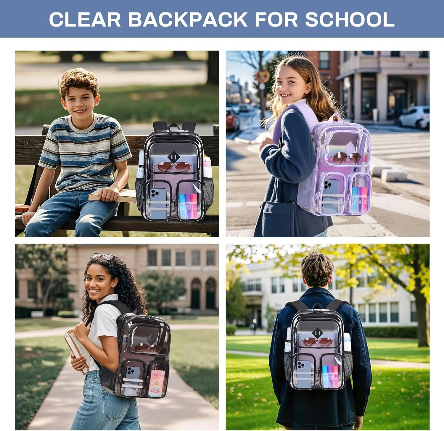 Clear Backpack Heavy Duty PVC Clear Bookbag for School Stadium Events Transparent Back Pack Girls Boys, Black