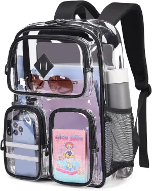 Clear Backpack Heavy Duty PVC Clear Bookbag for School Stadium Events Transparent Back Pack Girls Boys, Black