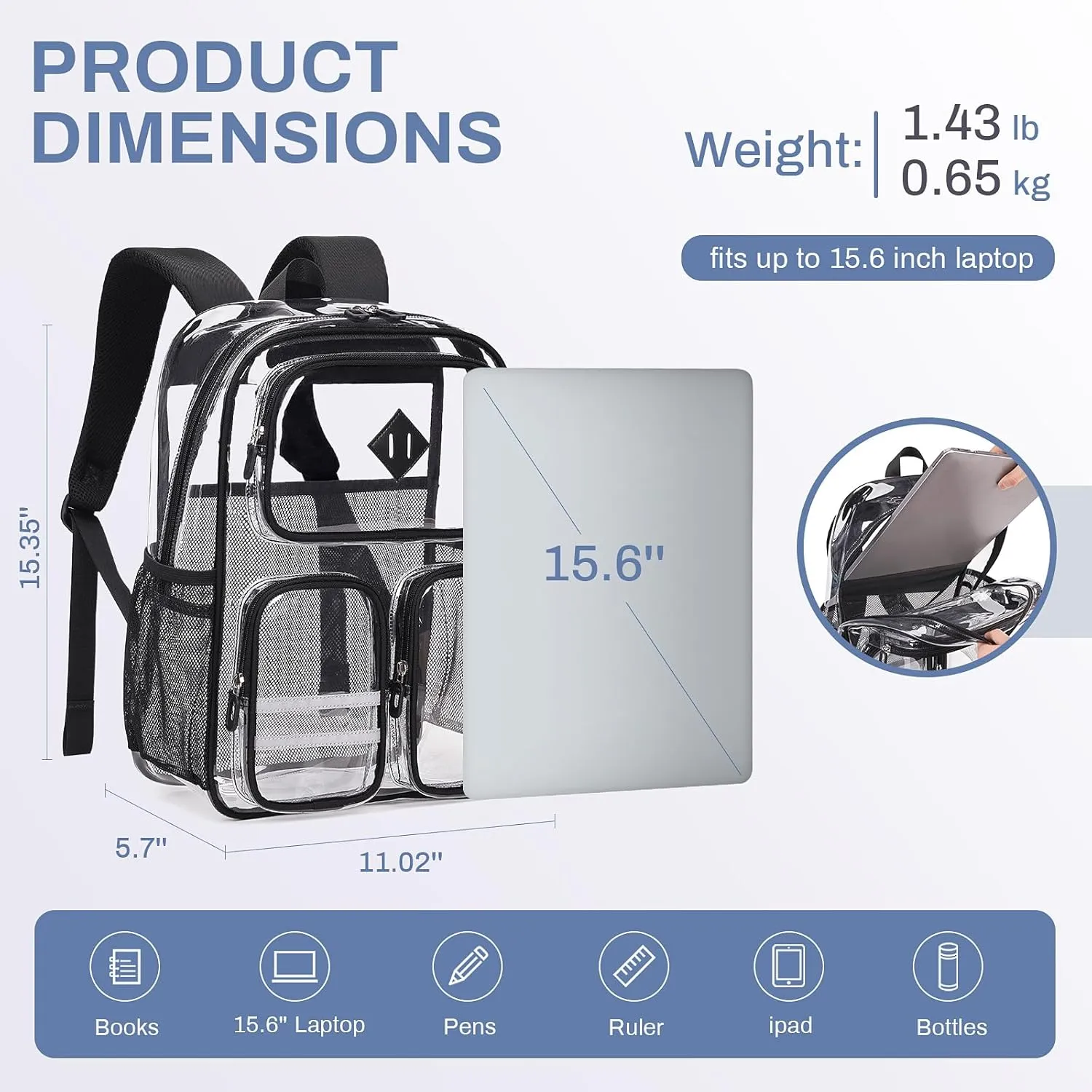 Clear Backpack Heavy Duty PVC Clear Bookbag for School Stadium Events Transparent Back Pack Girls Boys, Black