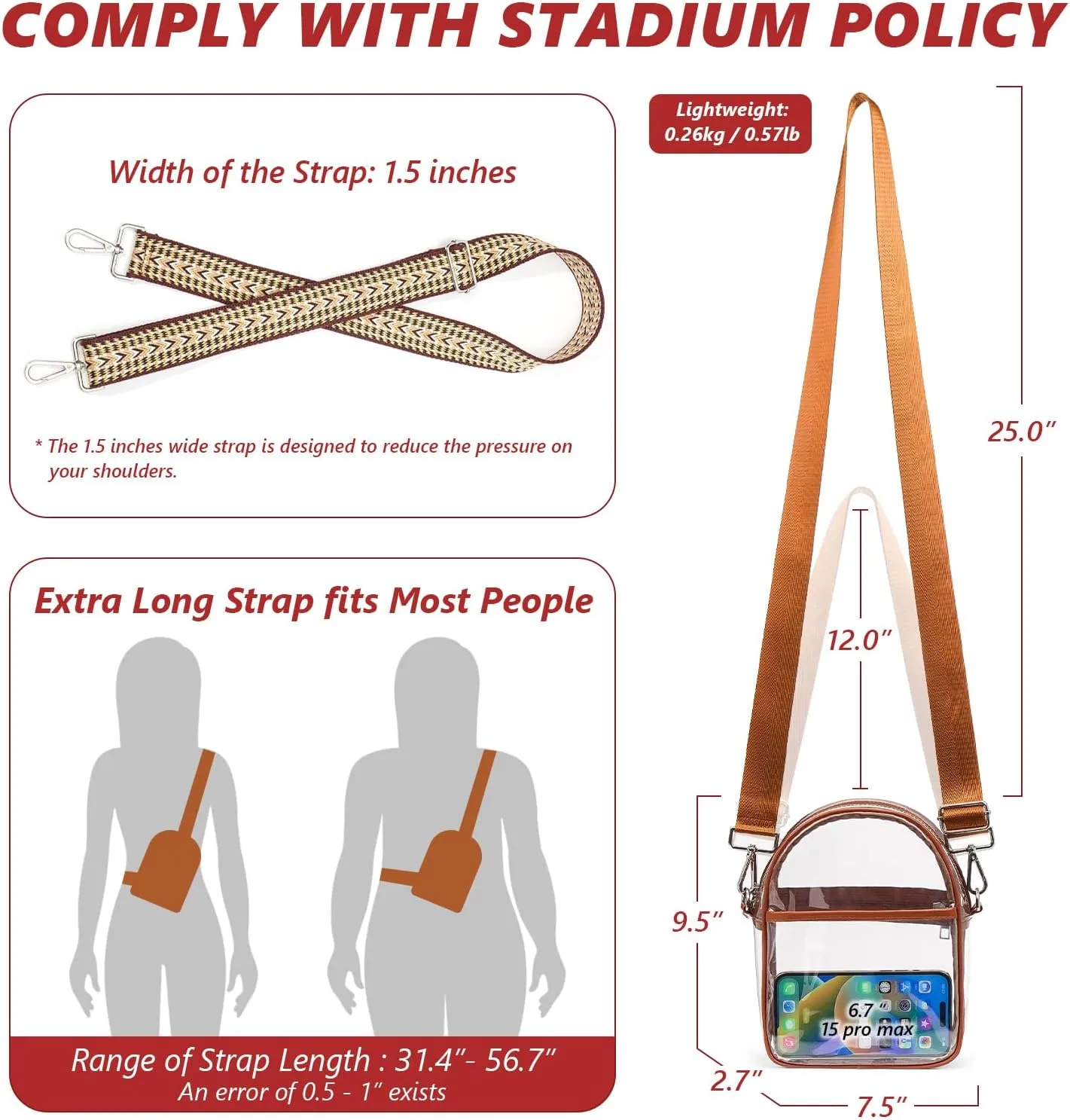 Clear Bag for Stadium Events with 2 Long Straps, See Through Purse for Women Crossbody Bag Concert Stadium Approved