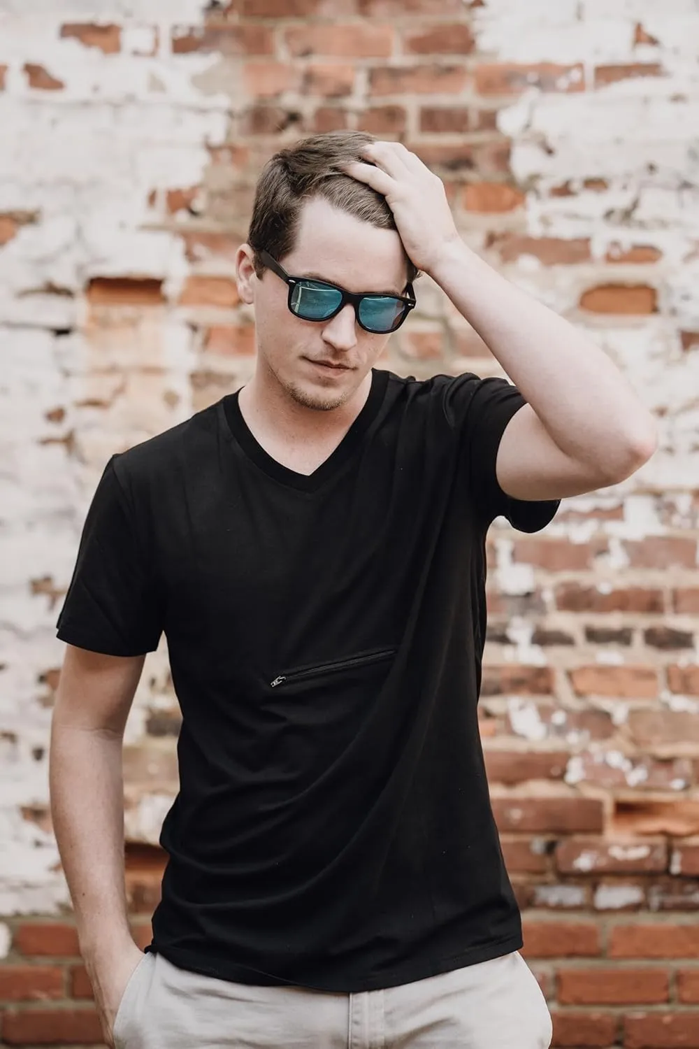 Clever Travel Companion Men's V Neck T Shirt with 2 Secret Hidden Pockets for Traveling | Pickpocket Proof Clothing for Men