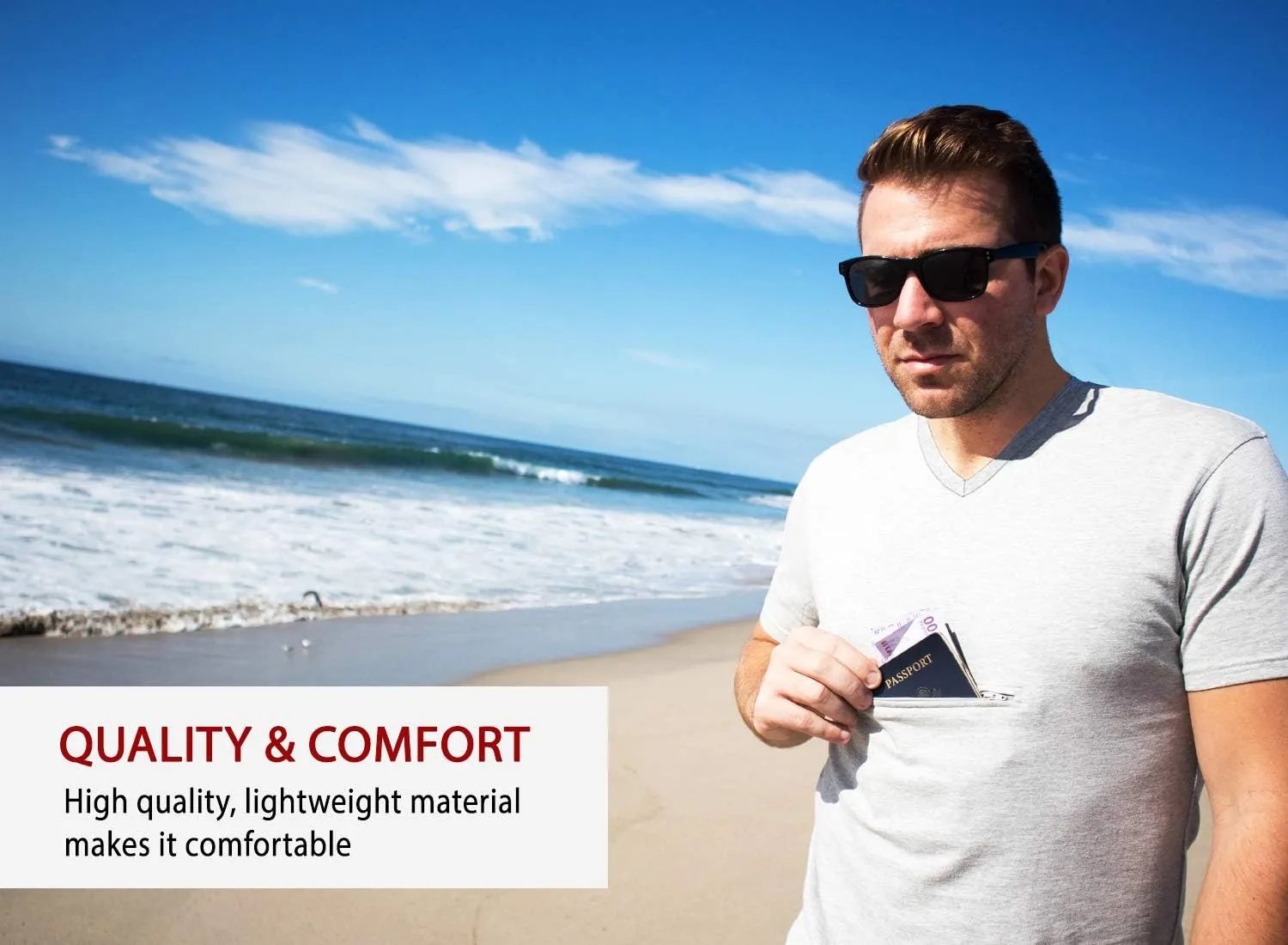 Clever Travel Companion Men's V Neck T Shirt with 2 Secret Hidden Pockets for Traveling | Pickpocket Proof Clothing for Men