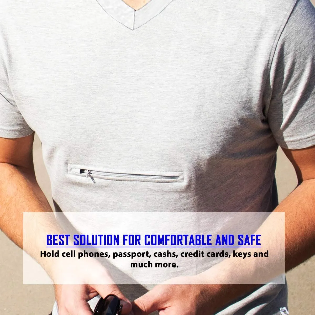 Clever Travel Companion Men's V Neck T Shirt with 2 Secret Hidden Pockets for Traveling | Pickpocket Proof Clothing for Men