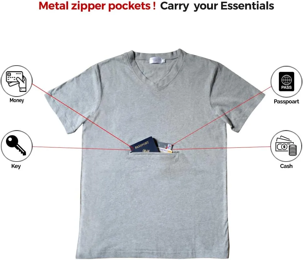 Clever Travel Companion Men's V Neck T Shirt with 2 Secret Hidden Pockets for Traveling | Pickpocket Proof Clothing for Men