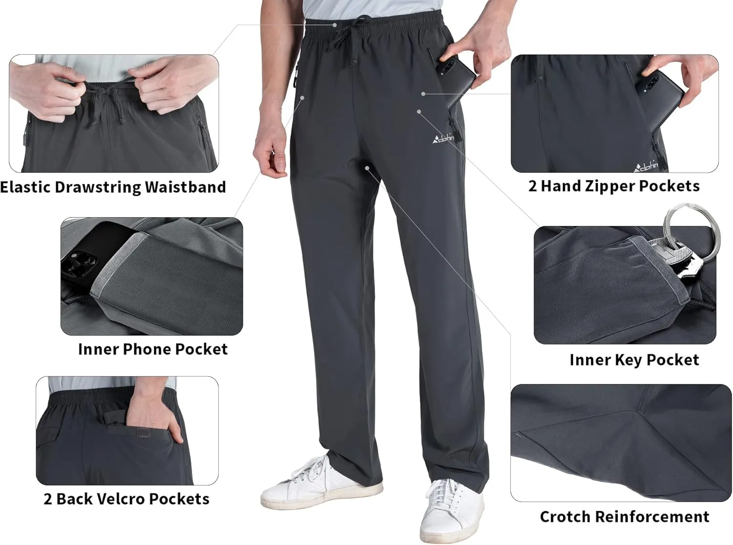 clothin Men's Lightweight Elastic Waist Pants Drawstring Athletic Sweatpants with Zipper Pockets for Hiking Casual Travel
