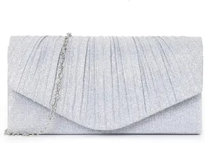 Clutch Purses for Women, Glitter Evening Bag with Chain Strap, Formal Pleated Design for Wedding, Cocktail, Party