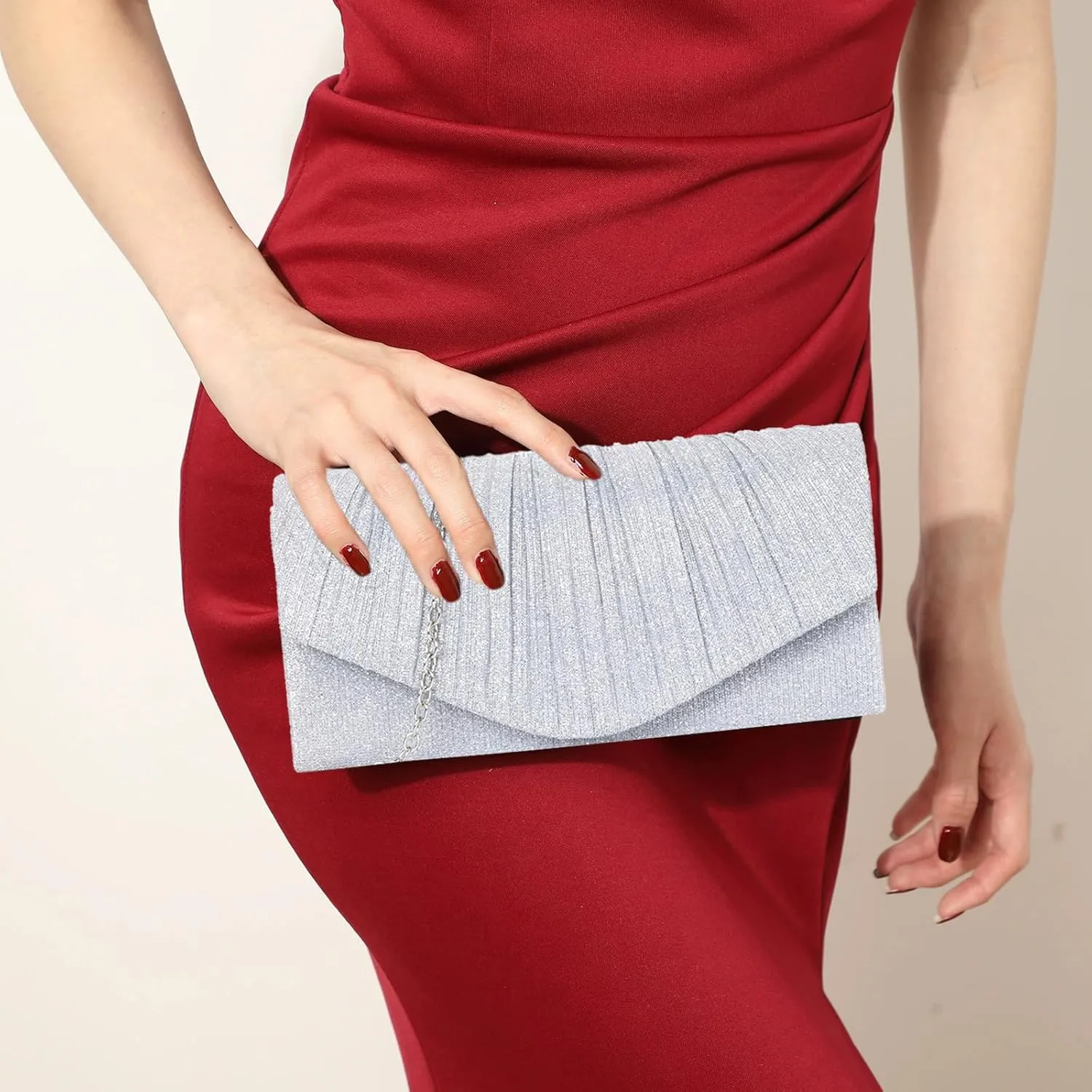 Clutch Purses for Women, Glitter Evening Bag with Chain Strap, Formal Pleated Design for Wedding, Cocktail, Party