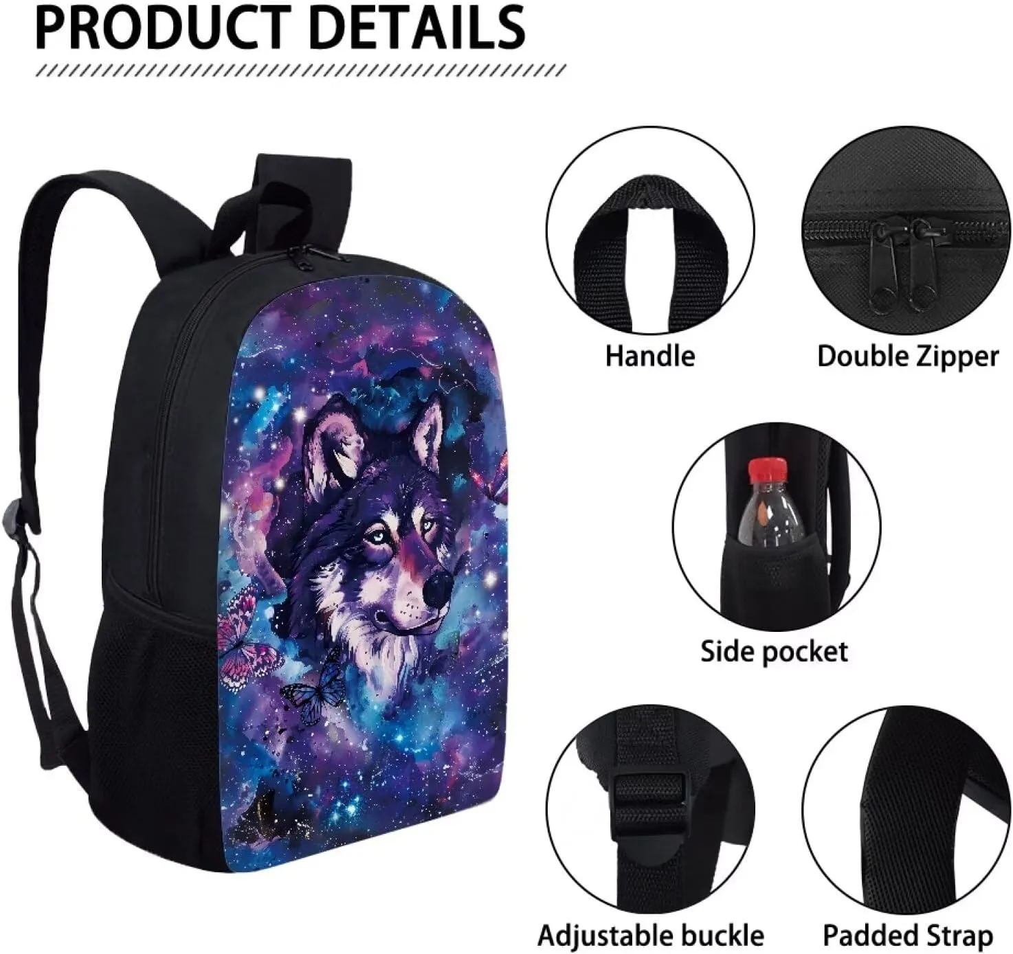 COEQINE Wolf Backpacks For Girls 10-12 Galaxy Cool Animal Bookbag for Kids Girls Fashion Casual Basic Kids Middle High School Backpack With Water Bottle Holder for Elementary,Purple Blue Butterfly