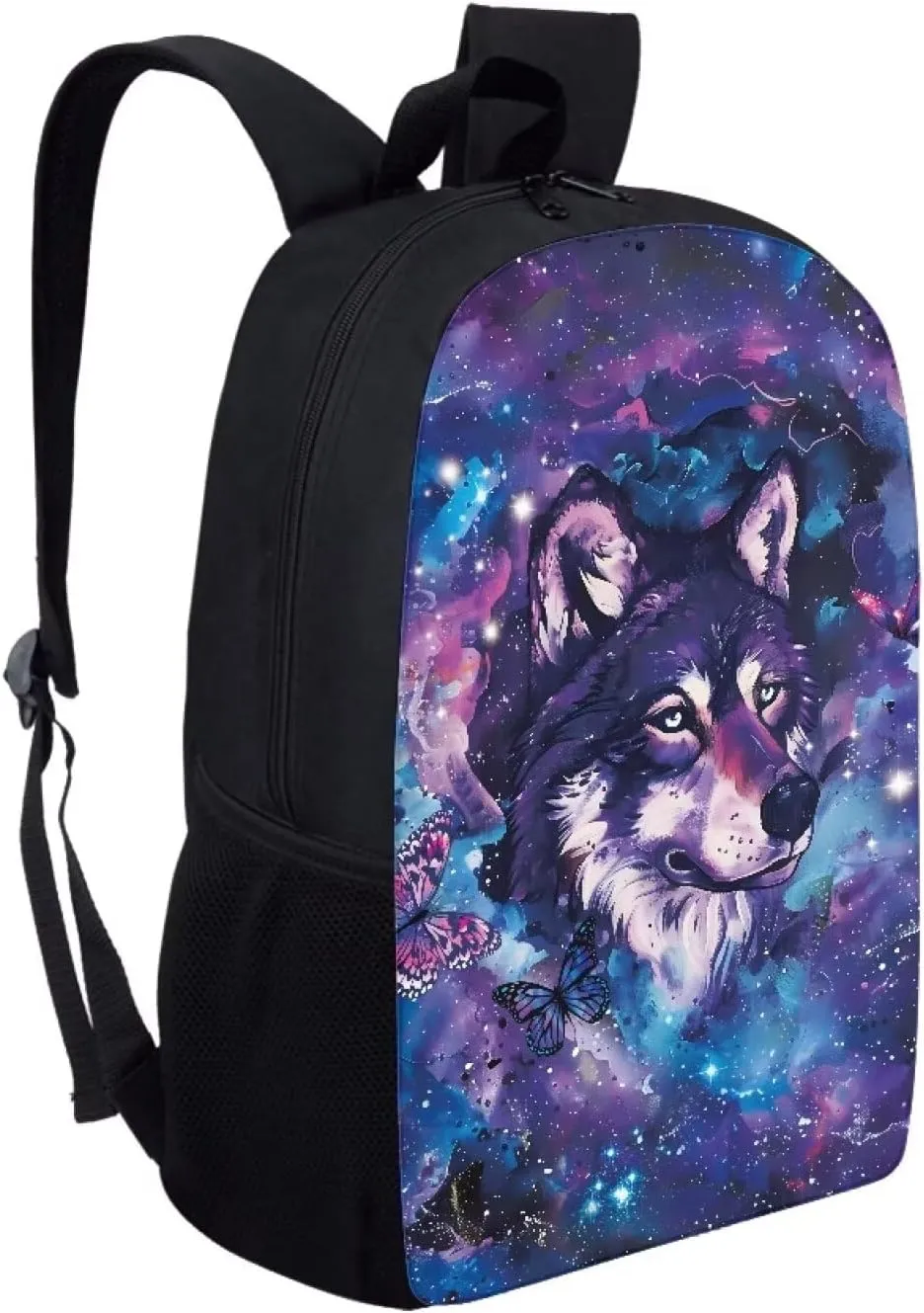COEQINE Wolf Backpacks For Girls 10-12 Galaxy Cool Animal Bookbag for Kids Girls Fashion Casual Basic Kids Middle High School Backpack With Water Bottle Holder for Elementary,Purple Blue Butterfly