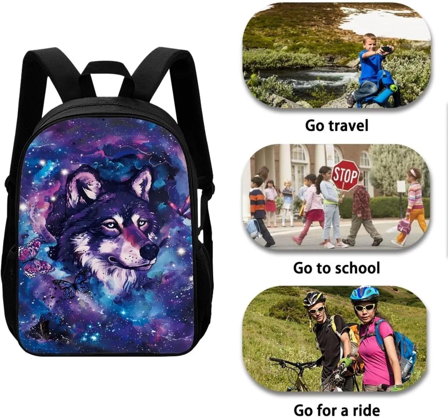 COEQINE Wolf Backpacks For Girls 10-12 Galaxy Cool Animal Bookbag for Kids Girls Fashion Casual Basic Kids Middle High School Backpack With Water Bottle Holder for Elementary,Purple Blue Butterfly