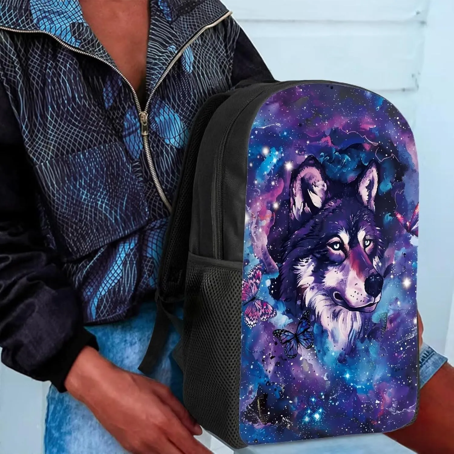 COEQINE Wolf Backpacks For Girls 10-12 Galaxy Cool Animal Bookbag for Kids Girls Fashion Casual Basic Kids Middle High School Backpack With Water Bottle Holder for Elementary,Purple Blue Butterfly