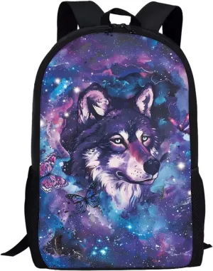 COEQINE Wolf Backpacks For Girls 10-12 Galaxy Cool Animal Bookbag for Kids Girls Fashion Casual Basic Kids Middle High School Backpack With Water Bottle Holder for Elementary,Purple Blue Butterfly