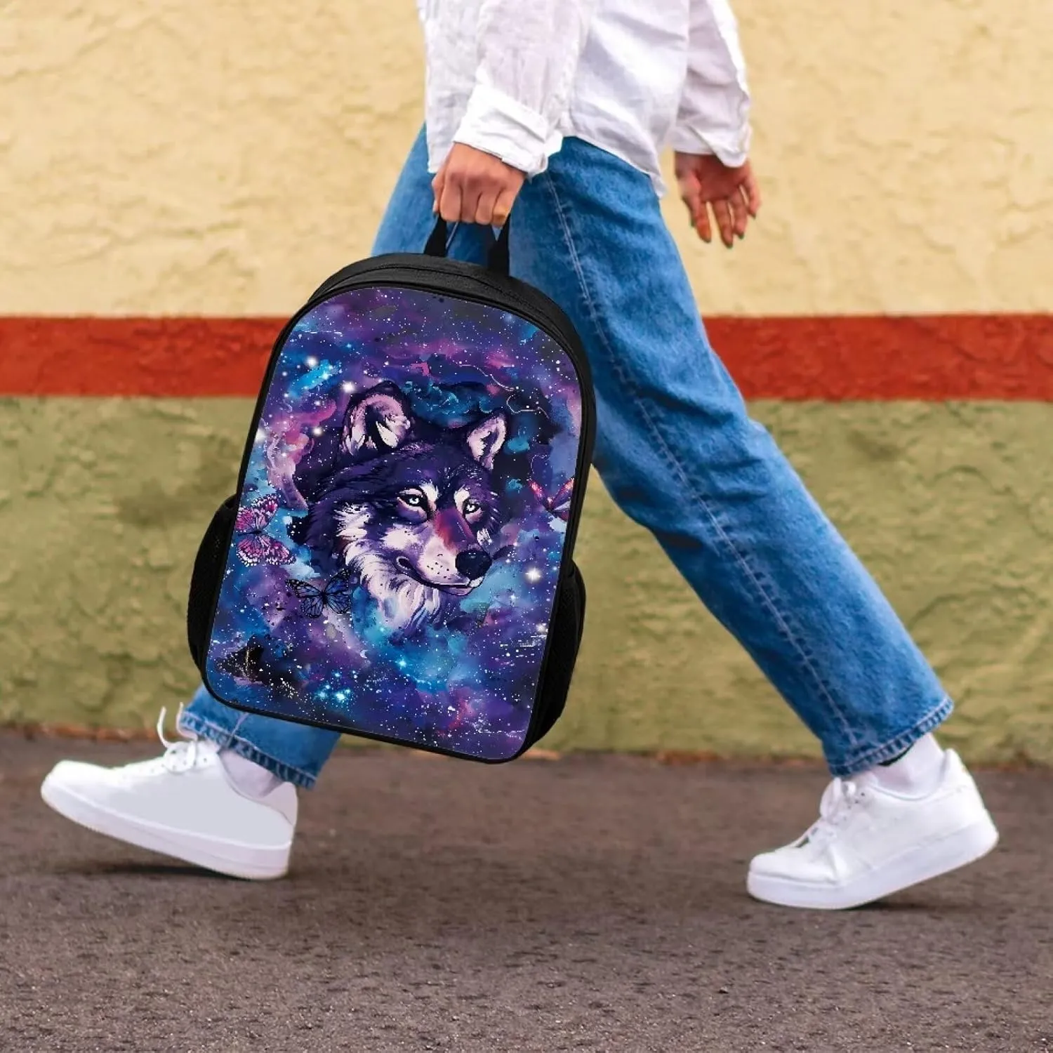 COEQINE Wolf Backpacks For Girls 10-12 Galaxy Cool Animal Bookbag for Kids Girls Fashion Casual Basic Kids Middle High School Backpack With Water Bottle Holder for Elementary,Purple Blue Butterfly