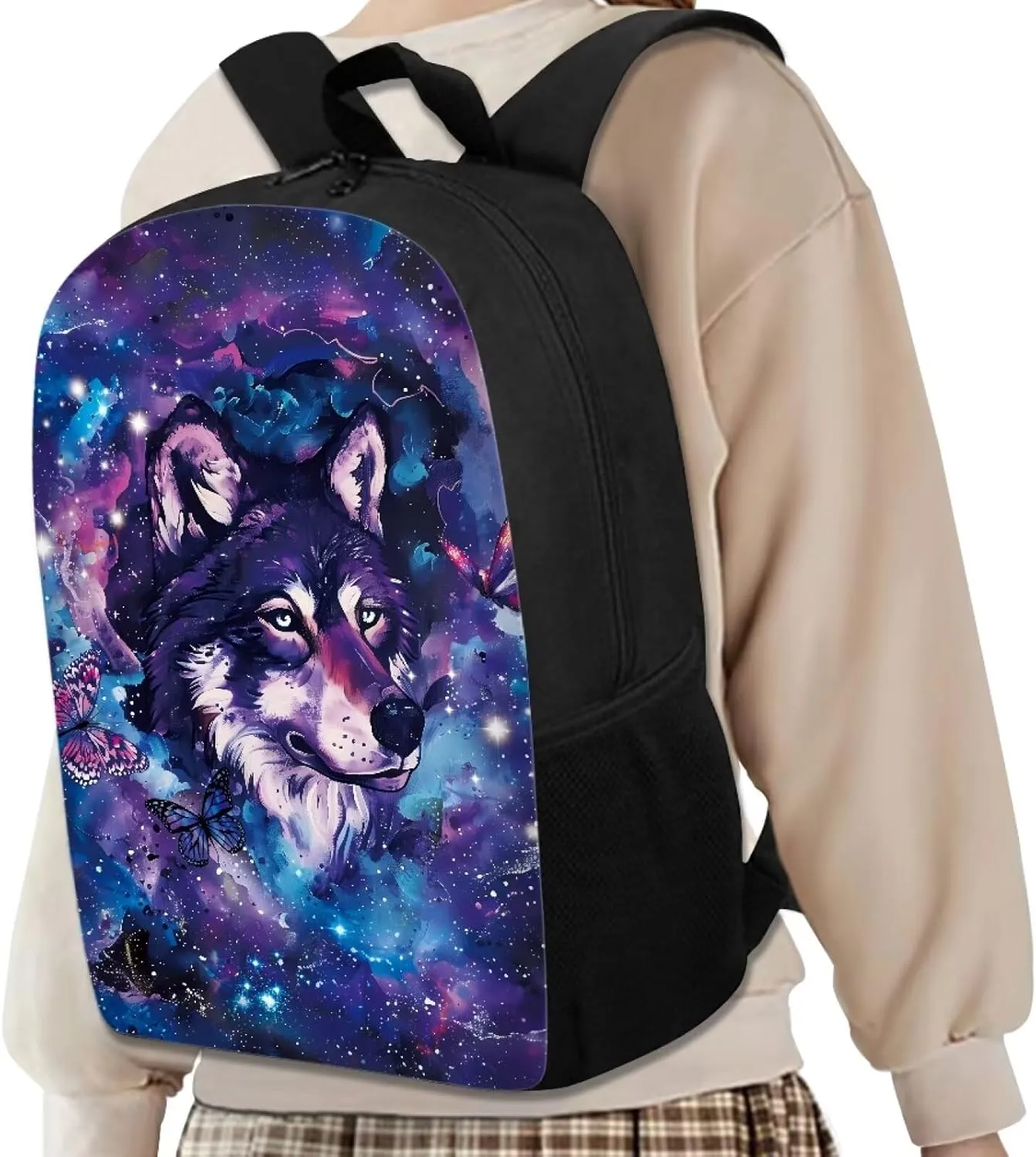 COEQINE Wolf Backpacks For Girls 10-12 Galaxy Cool Animal Bookbag for Kids Girls Fashion Casual Basic Kids Middle High School Backpack With Water Bottle Holder for Elementary,Purple Blue Butterfly