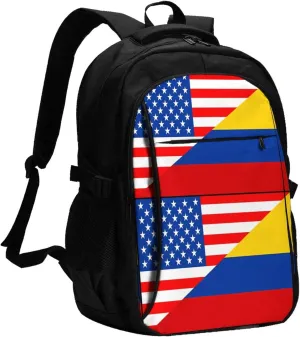 Colombian Colombia American Flag Travel Backpacks Casual Backpack Large Capacity Laptop Rucksack Luggage Daypacks with USB Charging Port Multi-Pockets Bags for Hiking