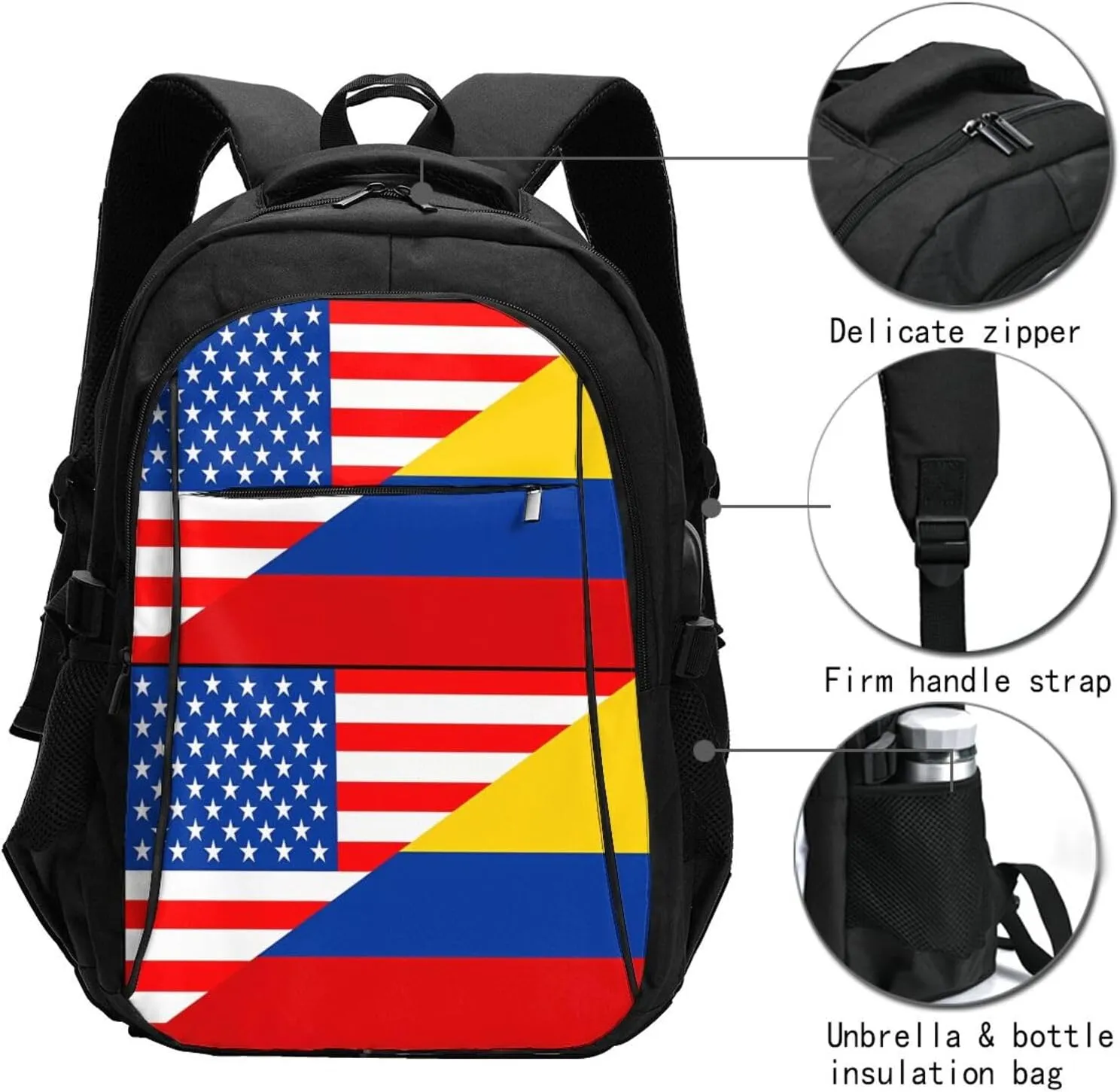 Colombian Colombia American Flag Travel Backpacks Casual Backpack Large Capacity Laptop Rucksack Luggage Daypacks with USB Charging Port Multi-Pockets Bags for Hiking