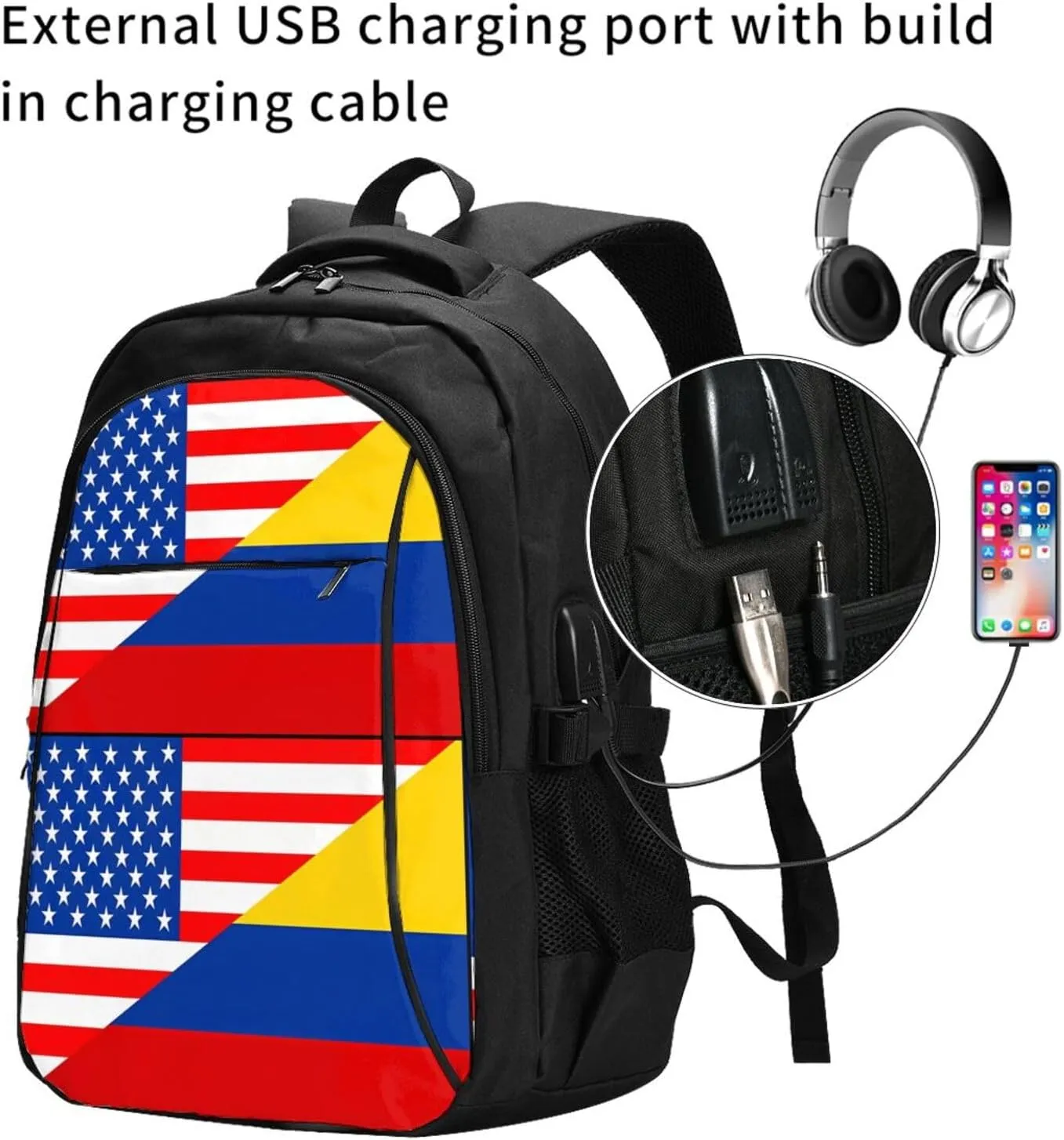 Colombian Colombia American Flag Travel Backpacks Casual Backpack Large Capacity Laptop Rucksack Luggage Daypacks with USB Charging Port Multi-Pockets Bags for Hiking
