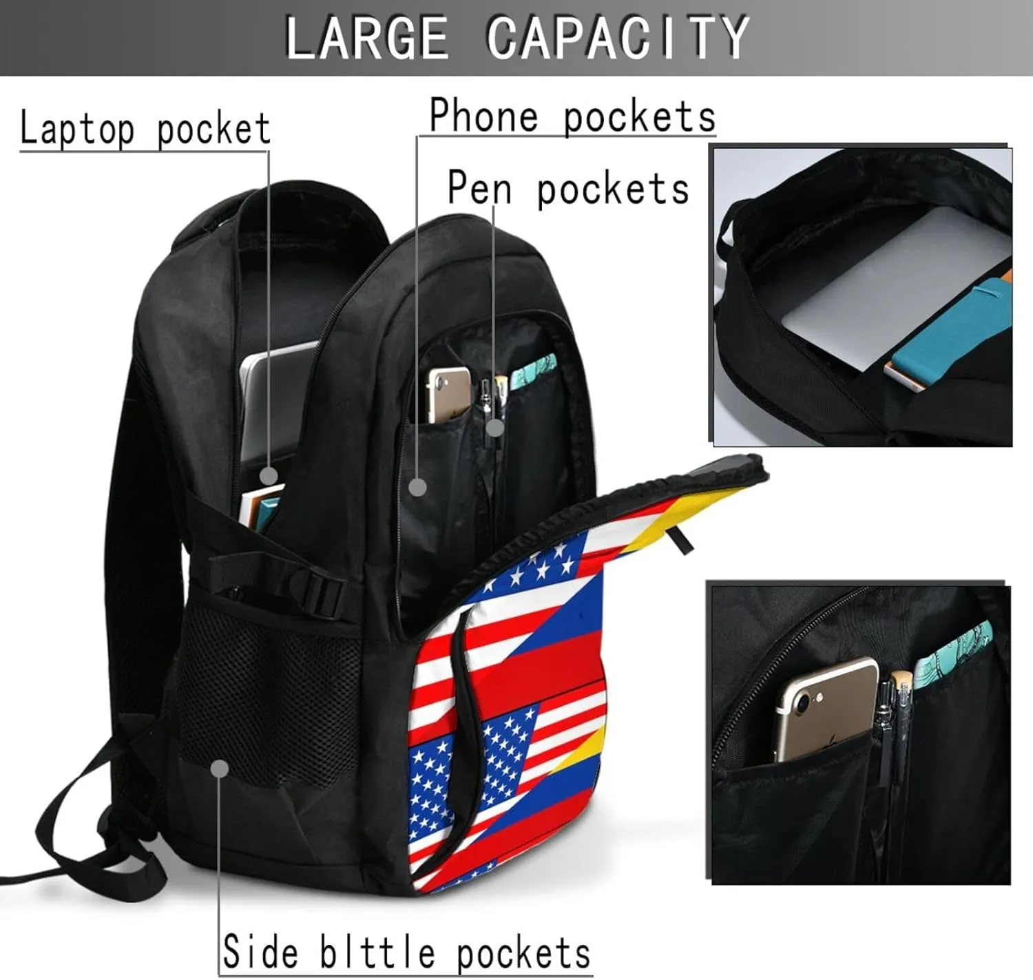 Colombian Colombia American Flag Travel Backpacks Casual Backpack Large Capacity Laptop Rucksack Luggage Daypacks with USB Charging Port Multi-Pockets Bags for Hiking