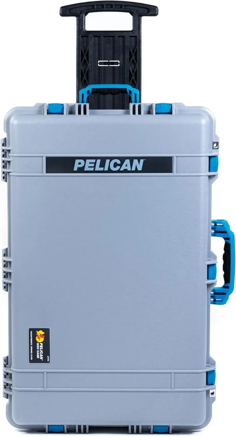 ColorCase Pelican 1650 Case Silver - Large Sized Rolling Waterproof Case with Pick & Pluck Foam & Convoluted Lid Foam - Blue Handles & Latches