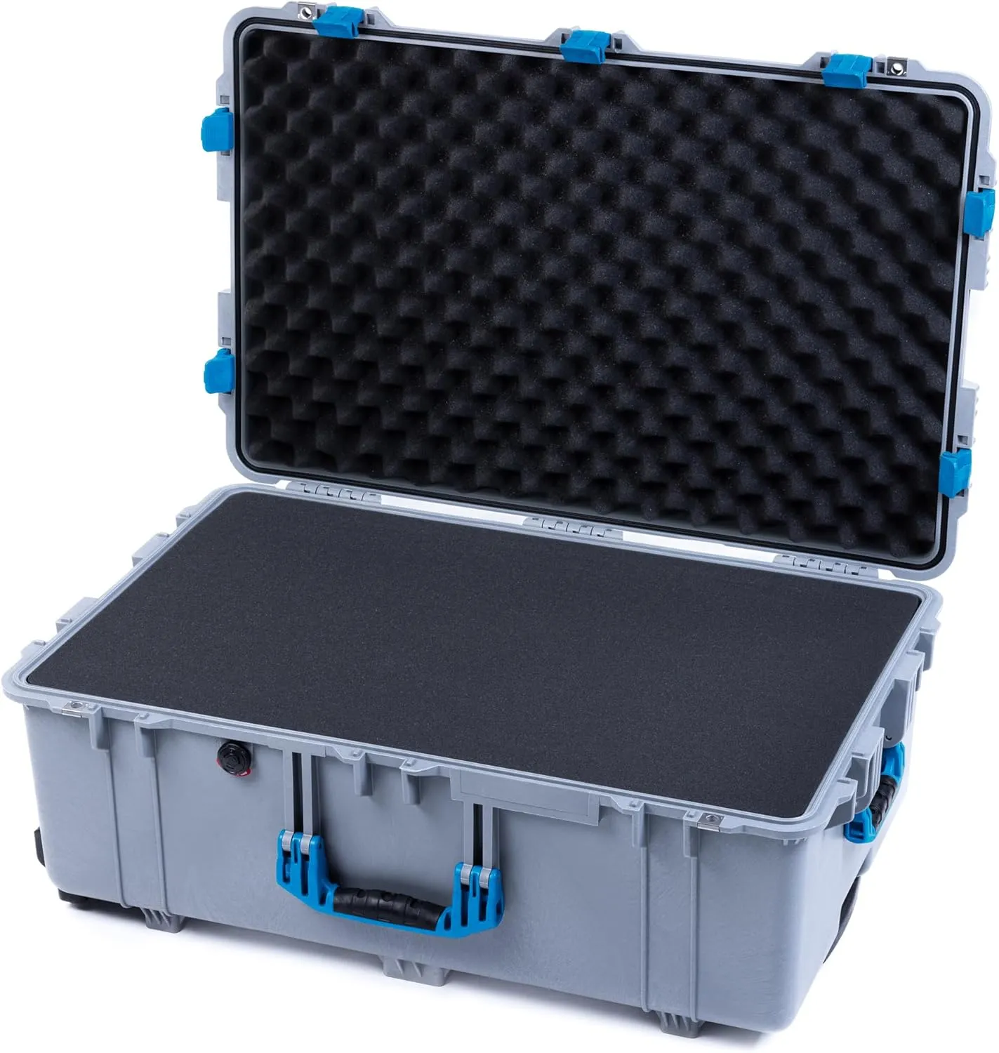ColorCase Pelican 1650 Case Silver - Large Sized Rolling Waterproof Case with Pick & Pluck Foam & Convoluted Lid Foam - Blue Handles & Latches