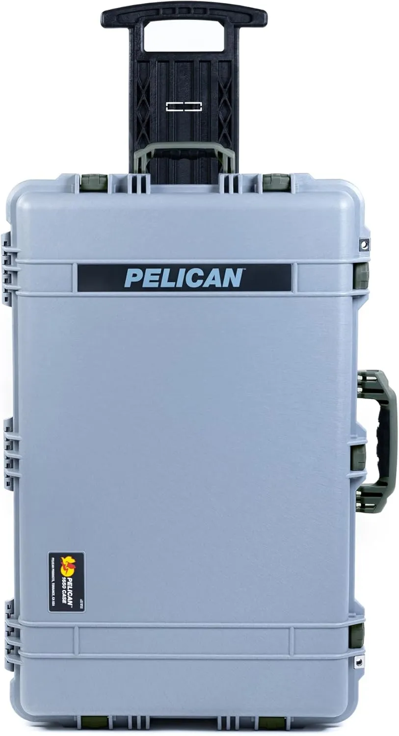 ColorCase Pelican 1650 Case Silver - Large Sized Rolling Waterproof Case with Pick & Pluck Foam & Convoluted Lid Foam - OD Green Handles & Latches